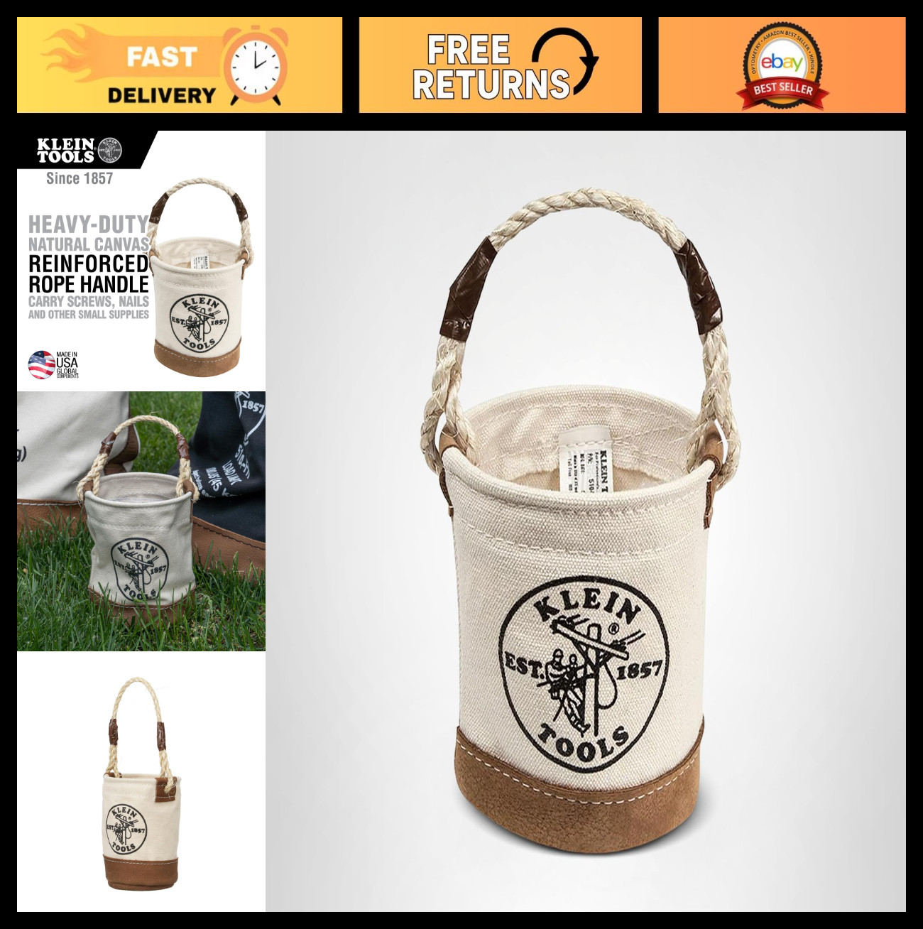 All-Purpose Mini Tool Bucket with Leather Bottom, Utility Pouch & Rope Handle