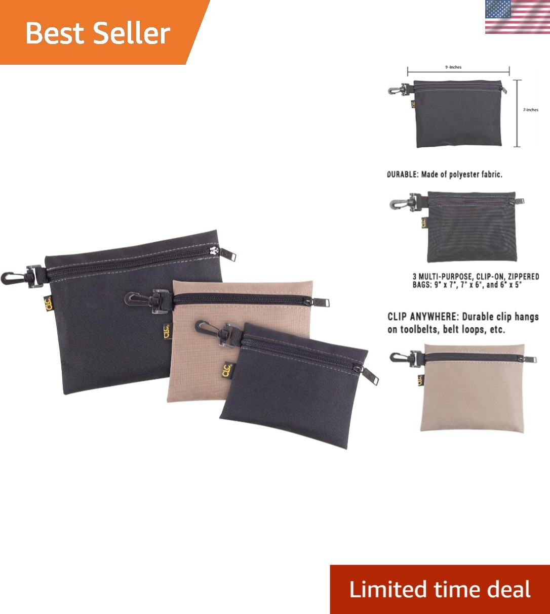 CLC 1100 Multi-Purpose Clip-on Zippered Poly Bags – 3 Pack for Easy Organization