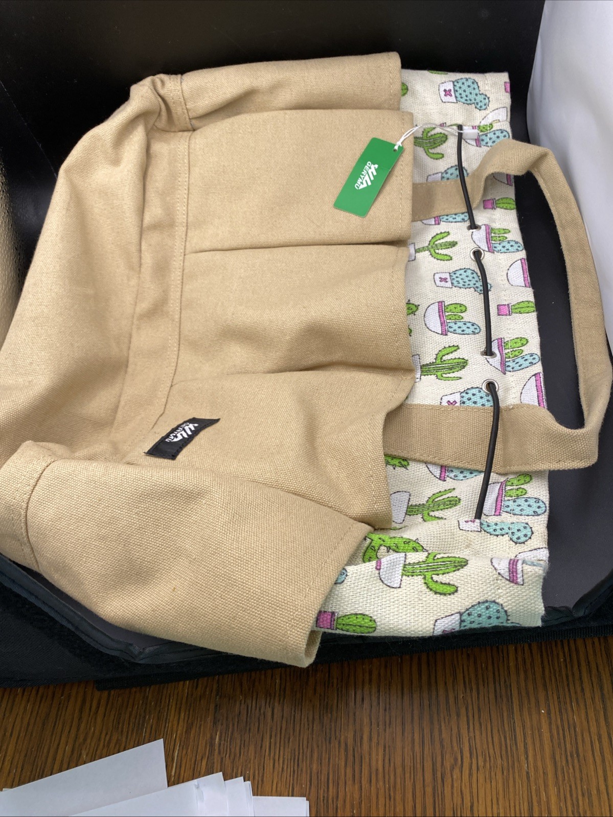 GERYMU Canvas Garden Tool Bag Organizer Tote 6 Pocket Cactus Print NWT