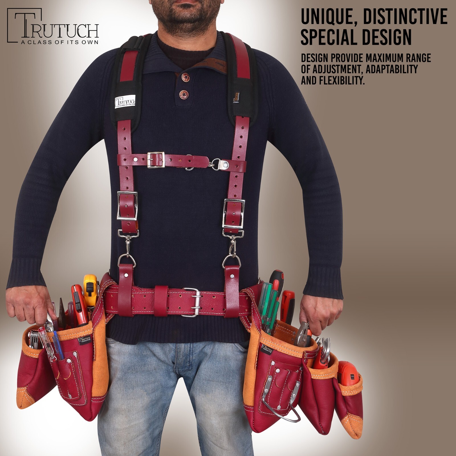 Trutuch Maroon Leather Tool Belt with Suspender | Framers Tool Bag | Tool Belt