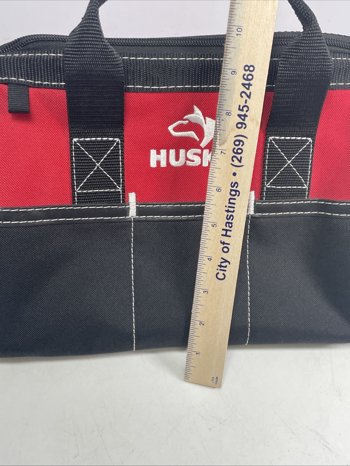 Husky 12-Inch Tool Bag (12 x 9 x 8 inch) Heavy Canvas Red Black Very Good