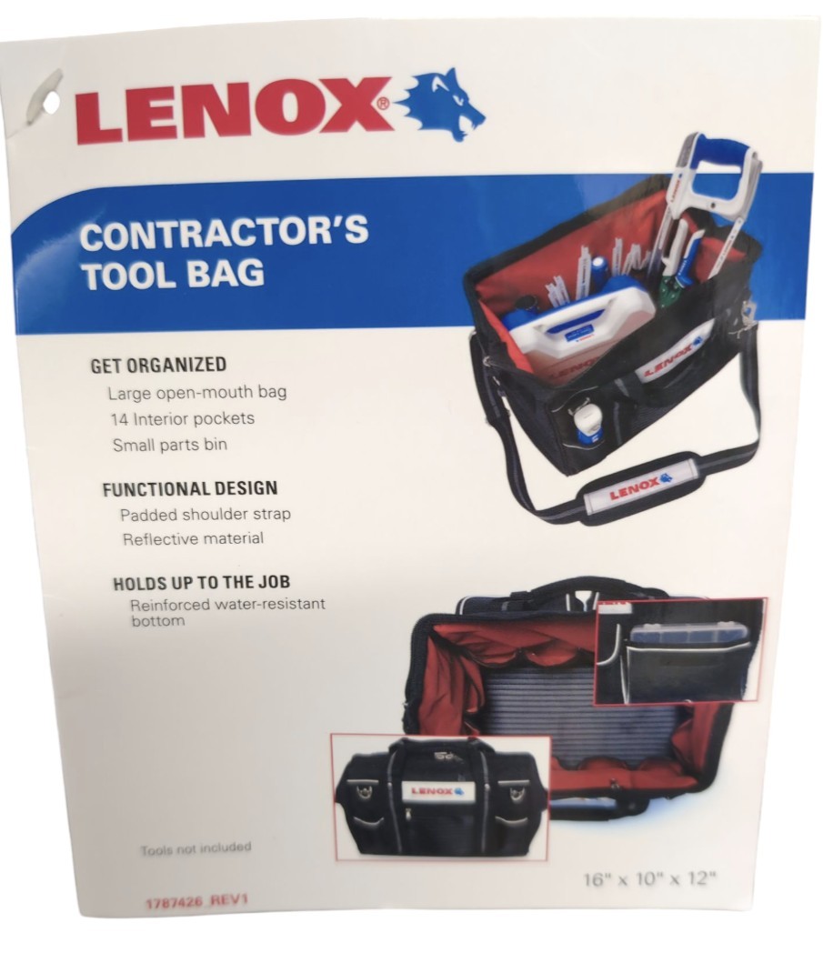 NWT Lenox 16″ x 10″ x 12″ Contractor’s Tool Bag 14 Internal Pockets 1787426_REV1