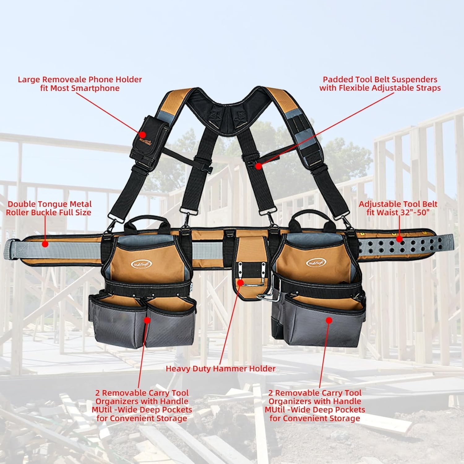 28-Pocket Heavy-Duty Tool Belt & Padded Suspenders for Professionals – Khaki
