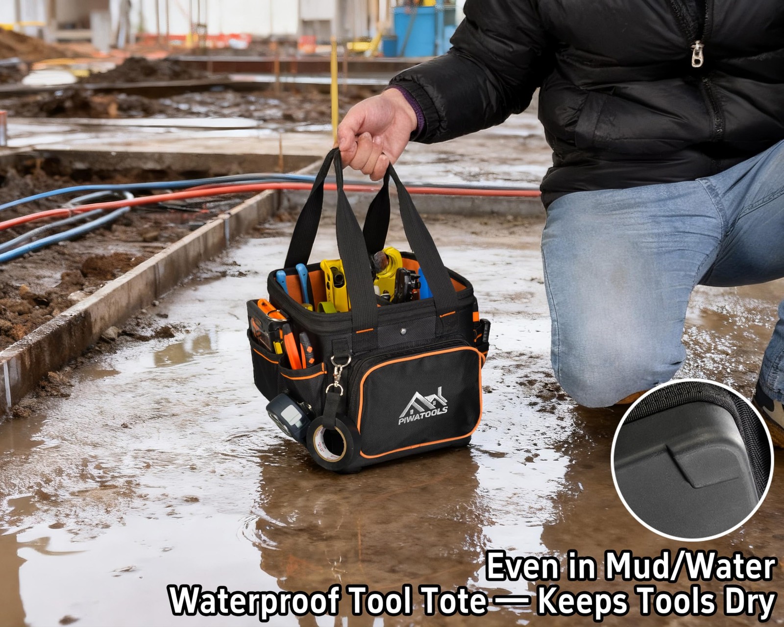 Piwatools 10-Inch Pro Compact Hard-Body Electrician Tool Bag Removable Divider