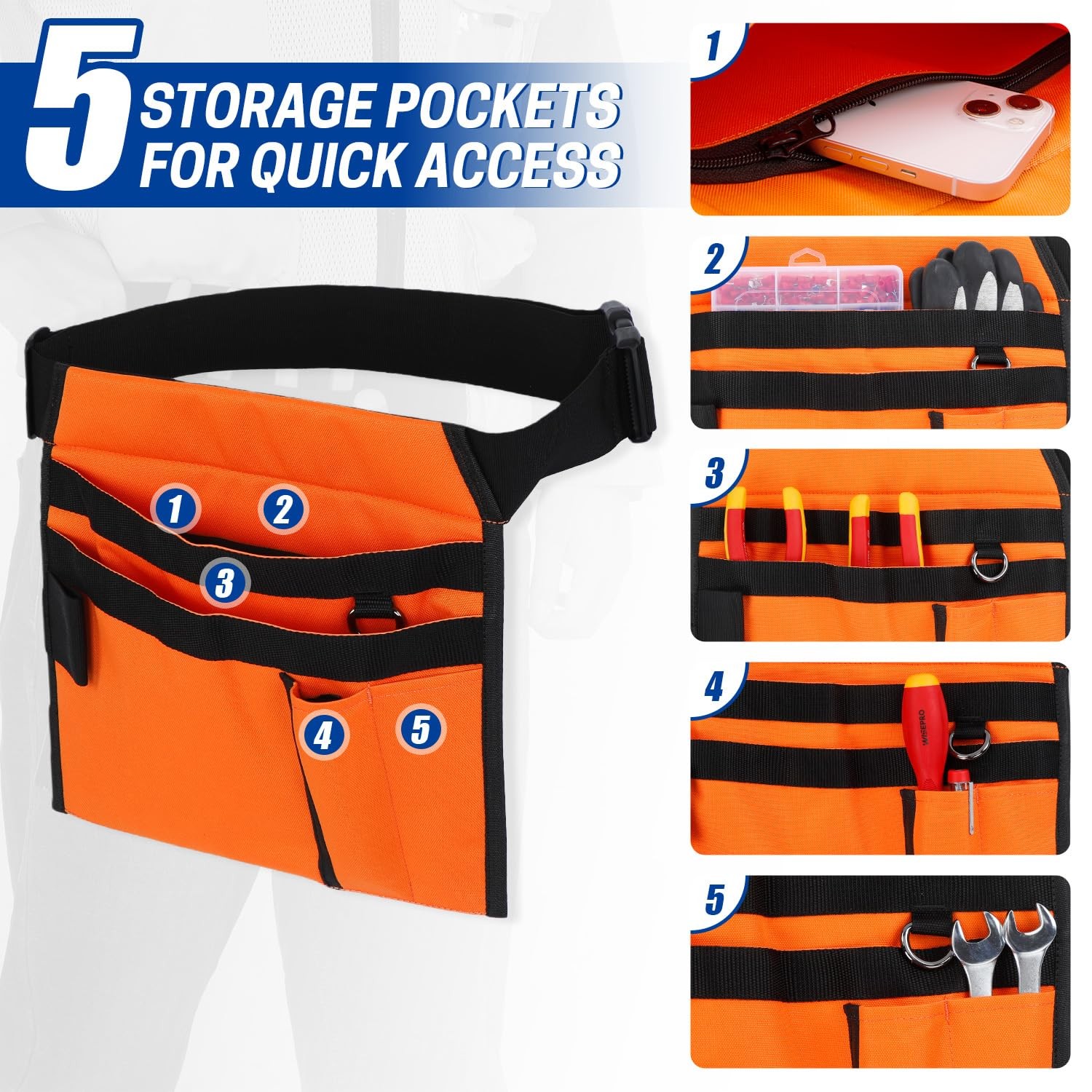 5Pocket Tool Belt Pouch Single Side Loop Adjustable Utility Work Handyman