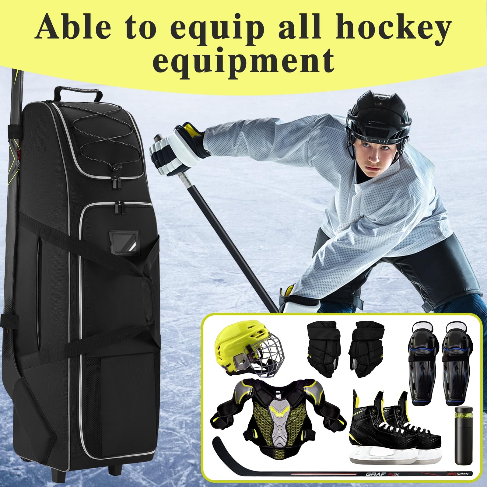 41-Inch Hockey Bag with Wheels, Large Ice Hockey Duffel Travel Bag for Equipm…
