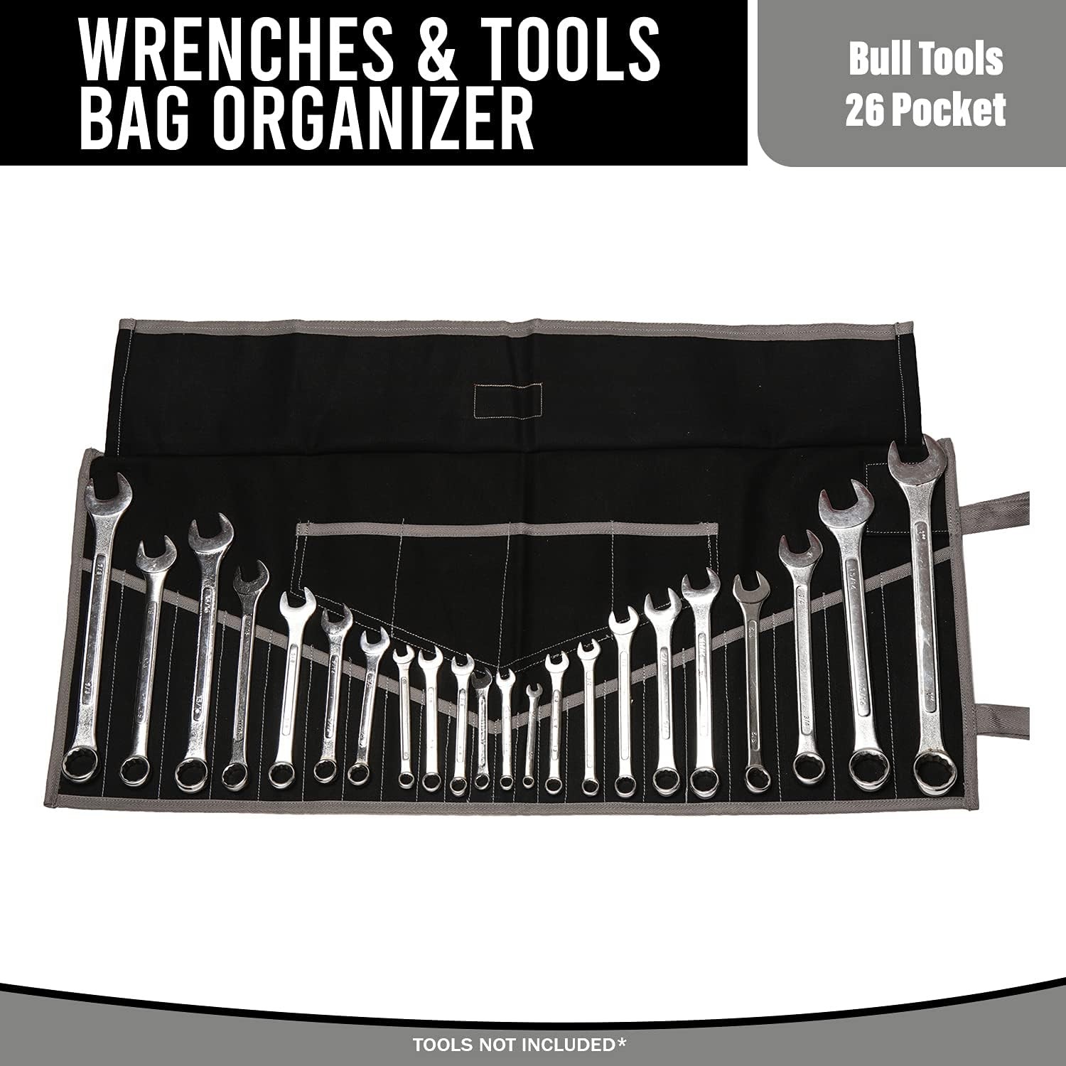 26 Pocket Wrench Roll-Up Pouch Organizer – SAE & Ballistic Polyester, Black
