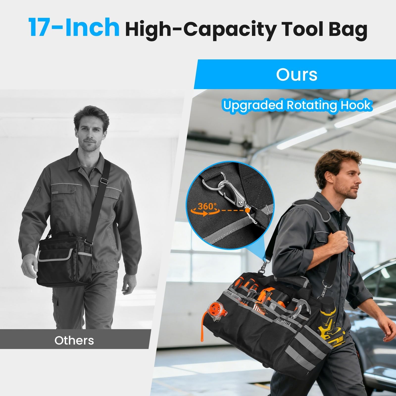 17″ Heavy Duty Tool Bag, Waterproof Multi-Pocket Organizer with Adjustable Strap