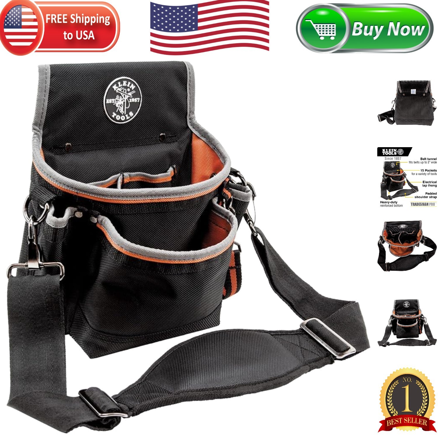 Klein Tradesman Pro 15-Pocket Tool Pouch with Padded Strap & Reinforced Bottom