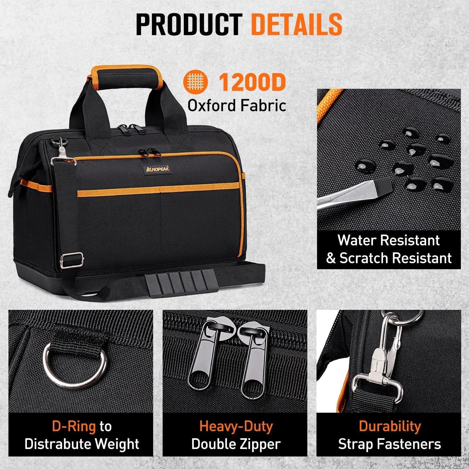 17in Electrician Tool Bag 26 Pocket Waterproof Hard Bottom Shoulder Strap Organi