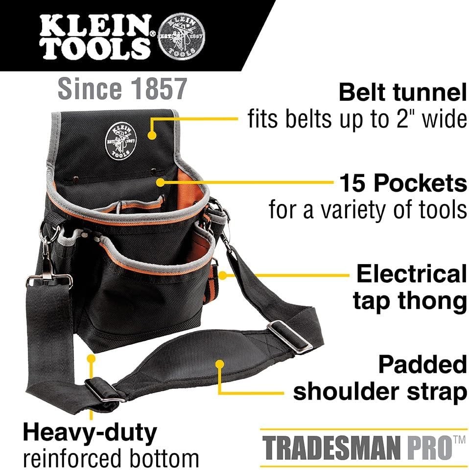Klein Tradesman Pro 15-Pocket Tool Pouch with Padded Strap & Reinforced Bottom