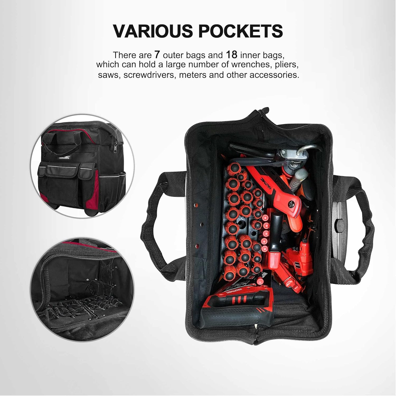 14.5″ Rolling Tool Bag with Wheels, 25-Pocket Portable Tool Box Organizer with 6