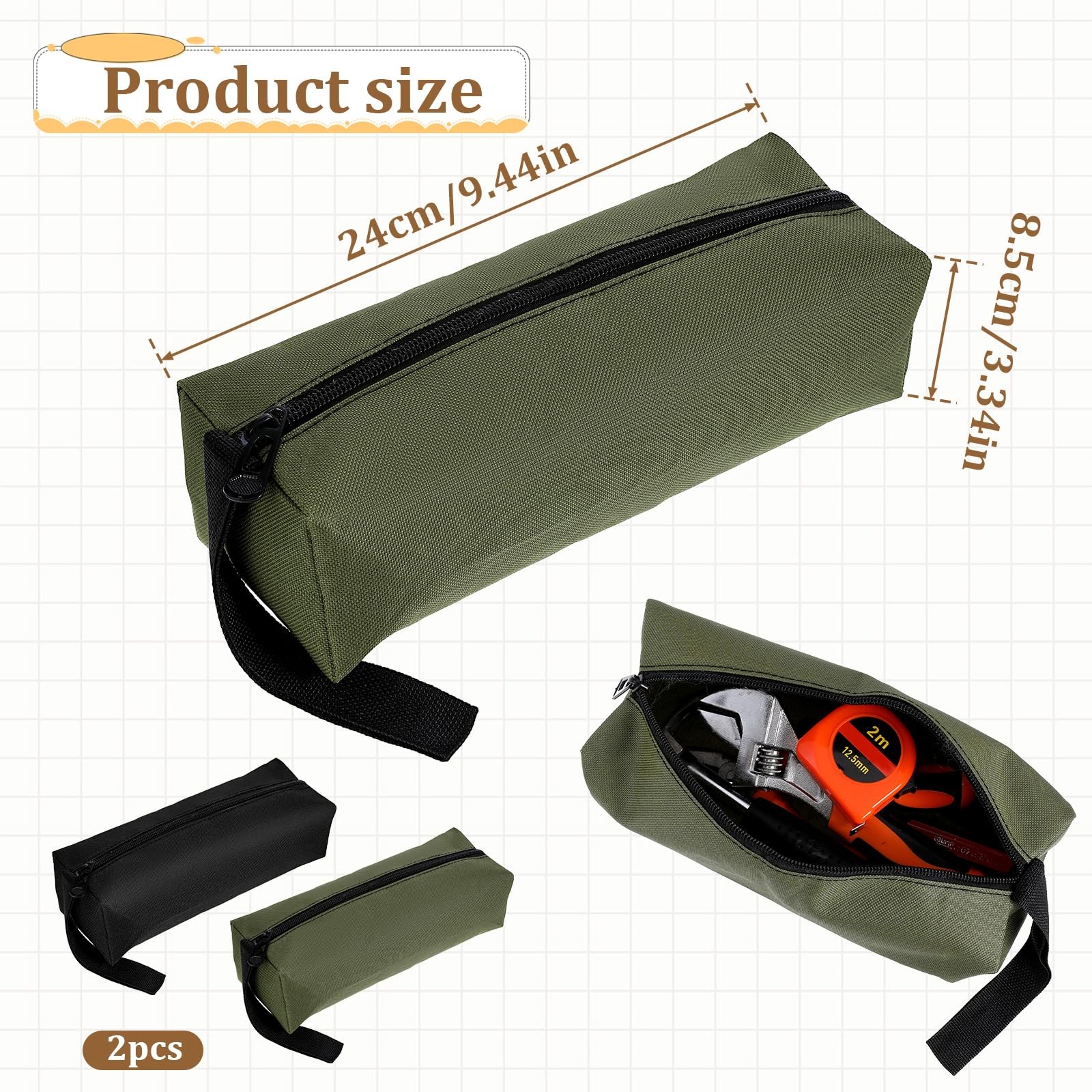 2 Pack Canvas Tool Pouch with Zipper, 9.4 x 3.3 x inches, Black