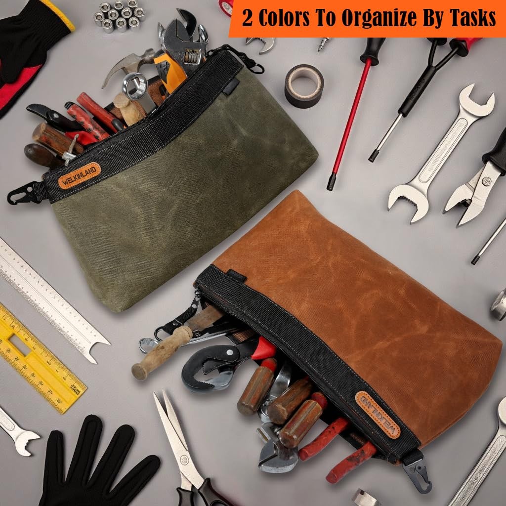 WELKINLAND 2-Pack Heavy-Duty Waxed Canvas Tool Pouches, 14-Inch Zippered Tool…