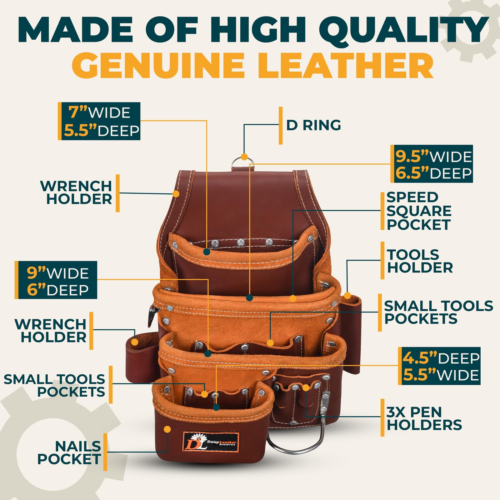 Daisy Leather Tool Bag – 505 Premium Oil Tanned 13 Pockets with Speed Square …