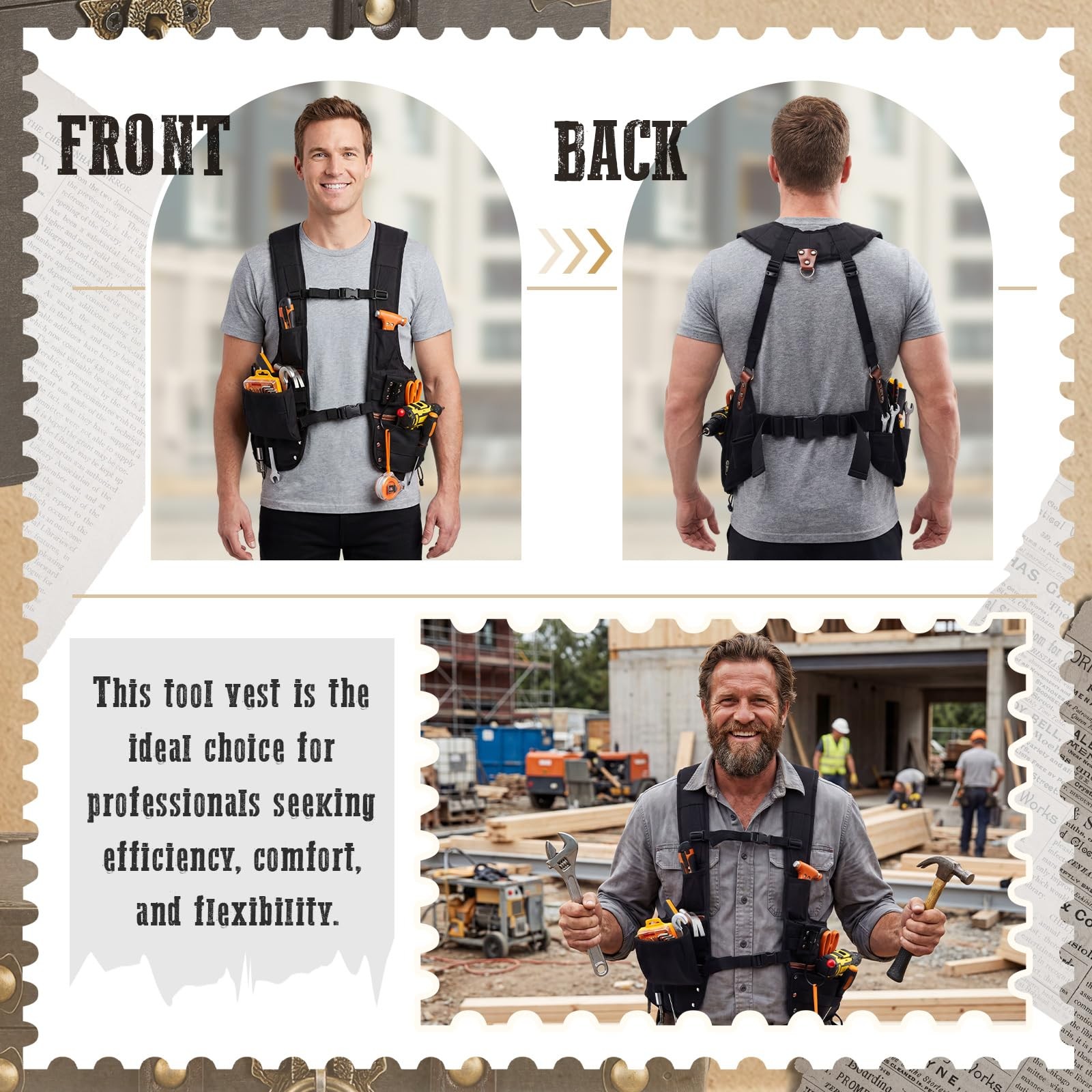 1 Pack Tool Vest with Leather, 33 Pockets with Removable Nail Pouch and Drill.