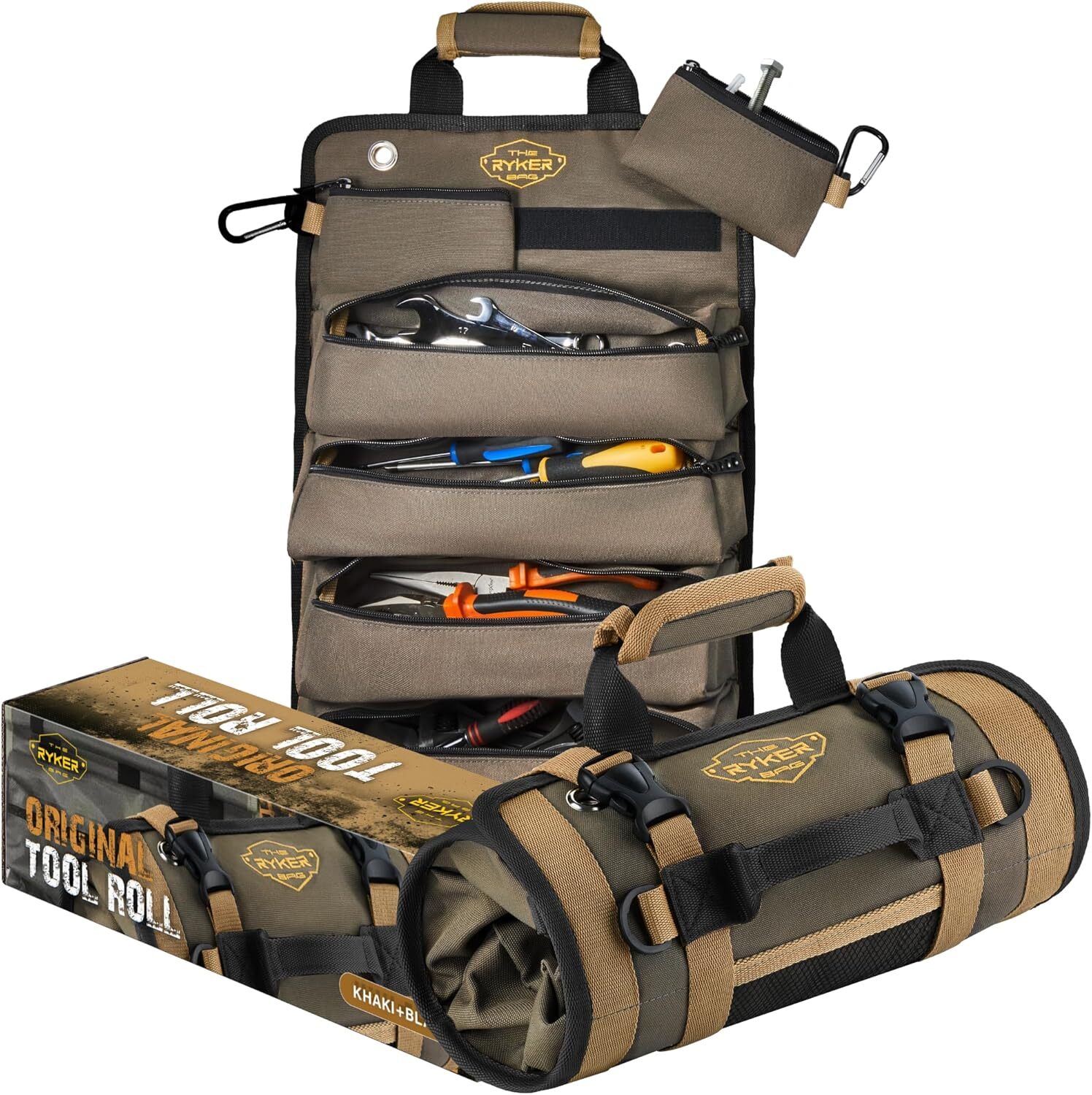 Bag Tool Organizers Detachable Pouches, Heavy Duty Roll Up 6 Tool (Khaki+Black)