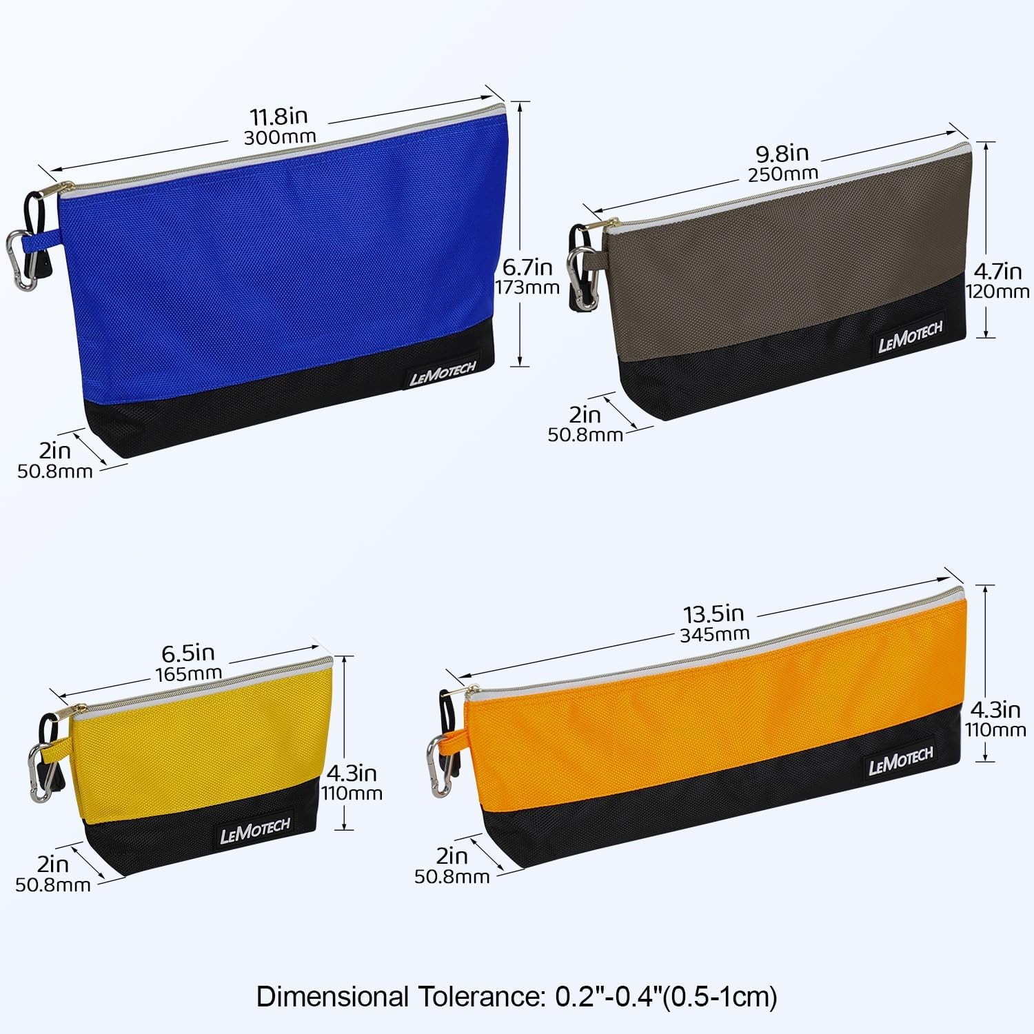 LeMotech Zipper Tool Bag, Stand-Up Pouch with Blue;Orange;Grey;Yellow