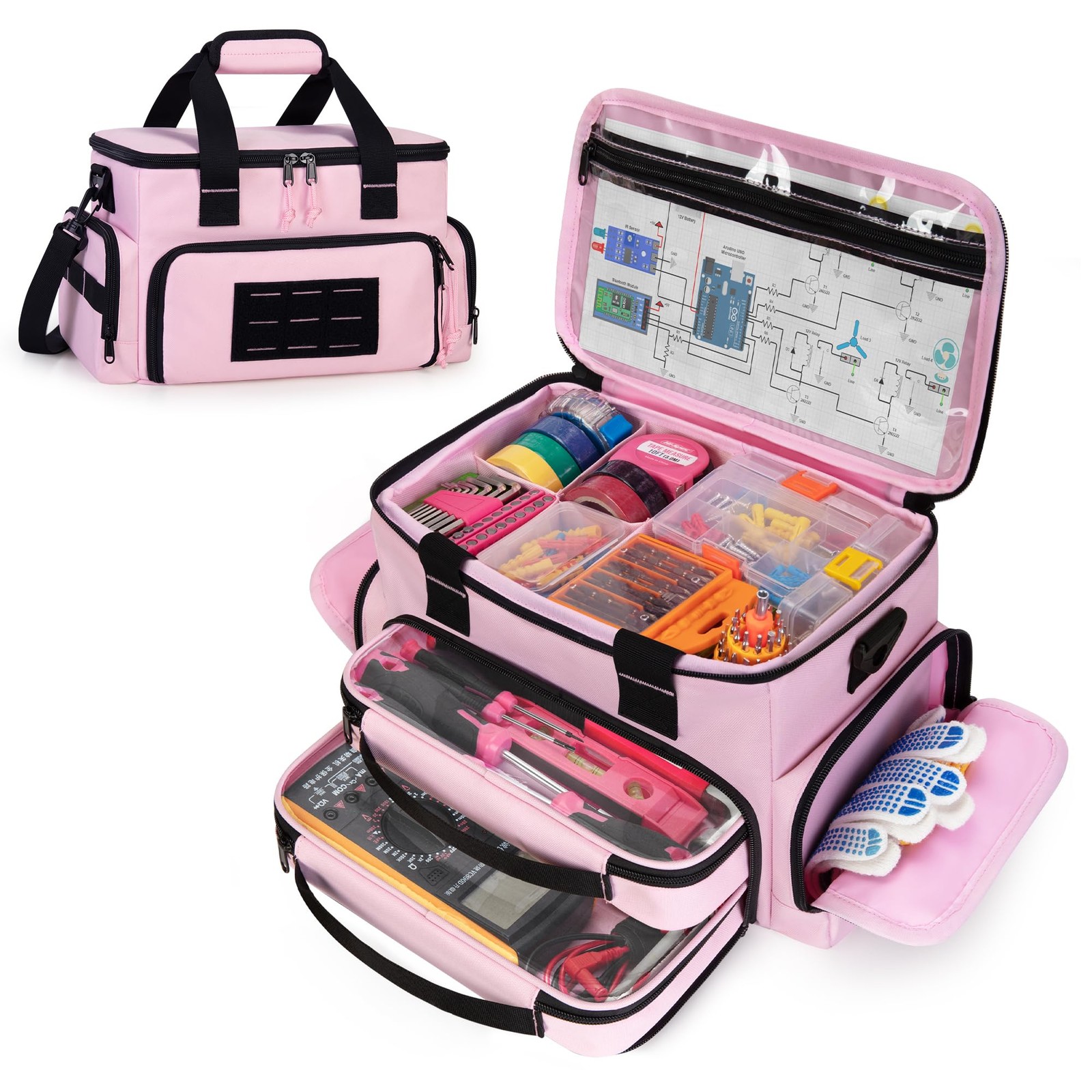 12″ Pink Tool Bag Women 2 Clear Pouches Double Layer Storage Organizer Box