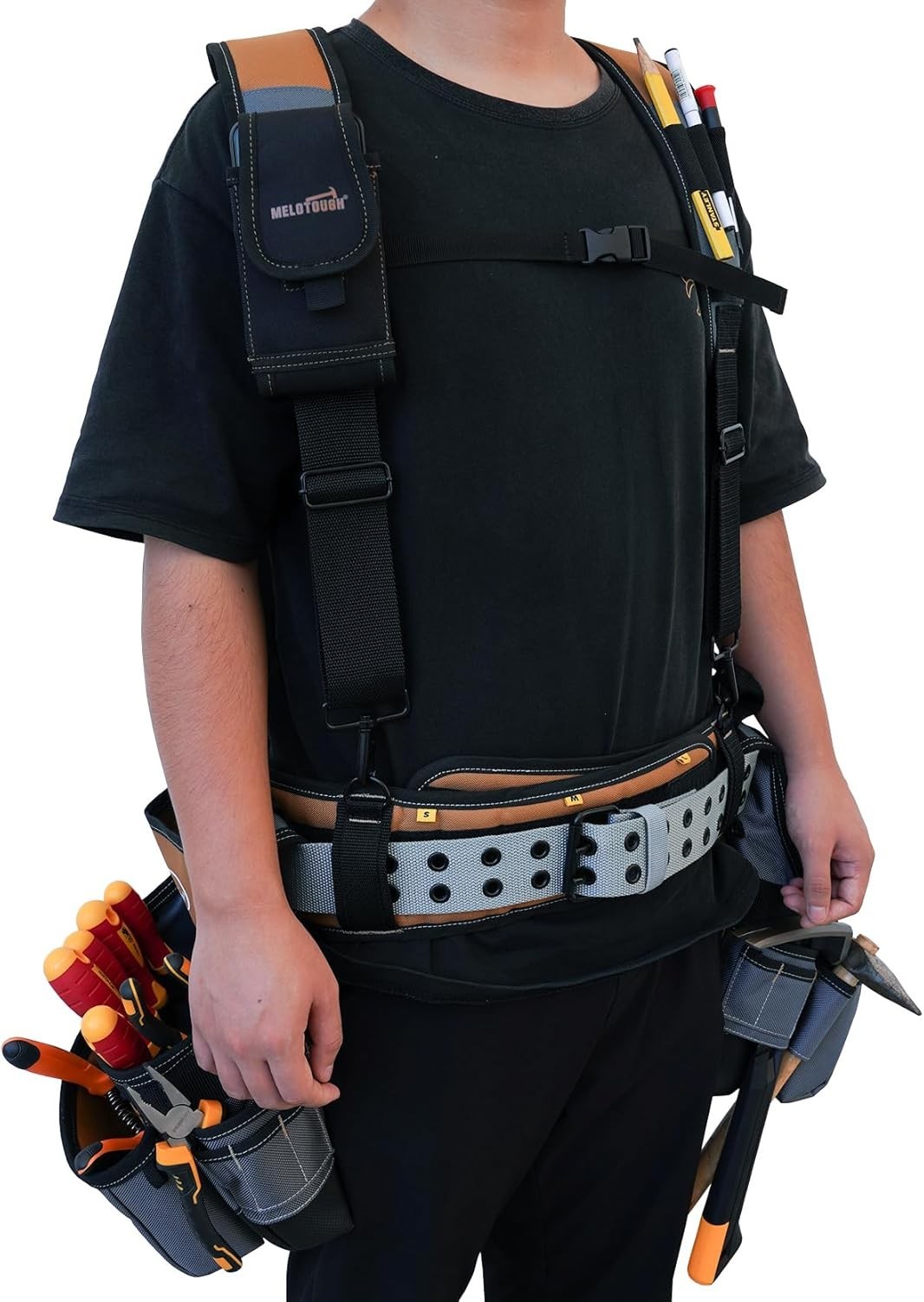 28-Pocket Heavy-Duty Tool Belt & Padded Suspenders for Professionals – Khaki