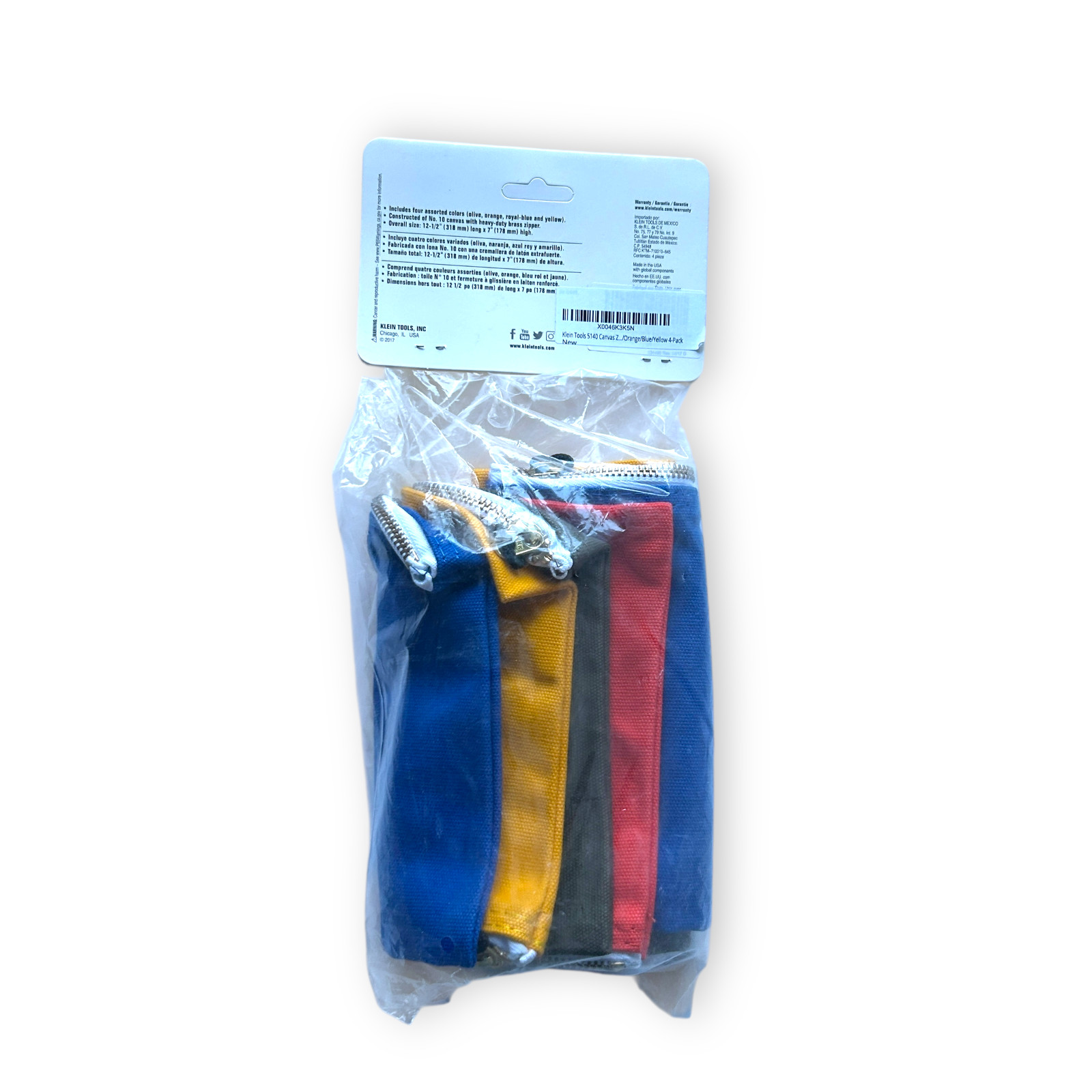 Klein Tools 4pk Multicolored Canvas Zipper Bags 12-1/2”X7” New