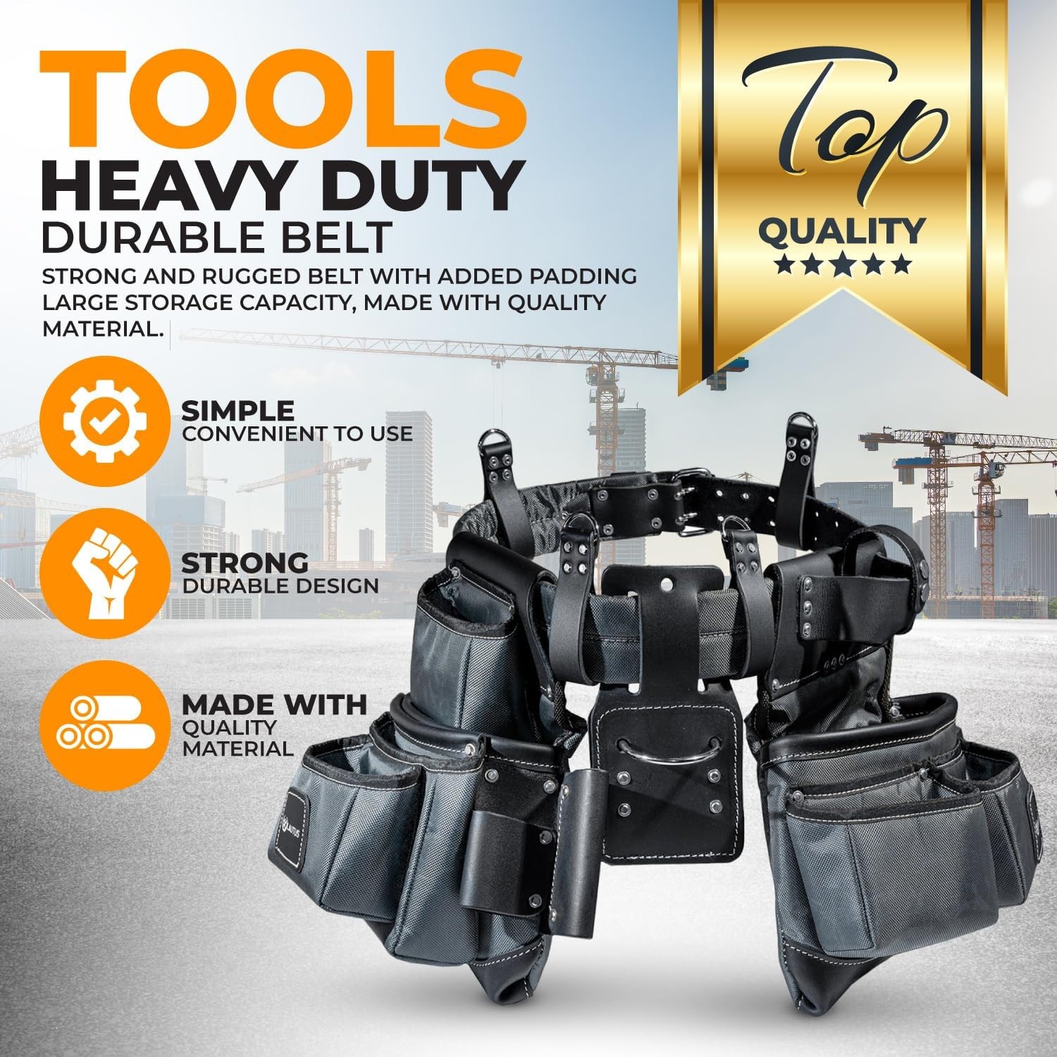 Lautus HD Leather & Nylon Tool Belt 22 Pockets, Hammer, D-Rings, 30″ – 49″ Waist
