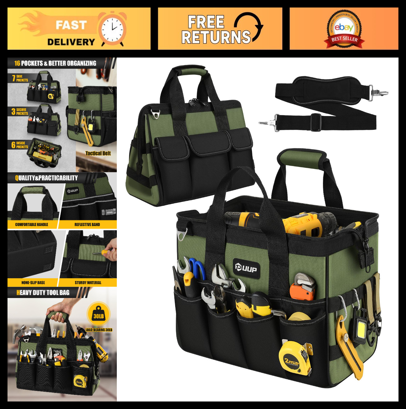 15-Inch Heavy Duty Tool Bag – 16-Pocket Organizer, Portable Storage Toolbox, Zip