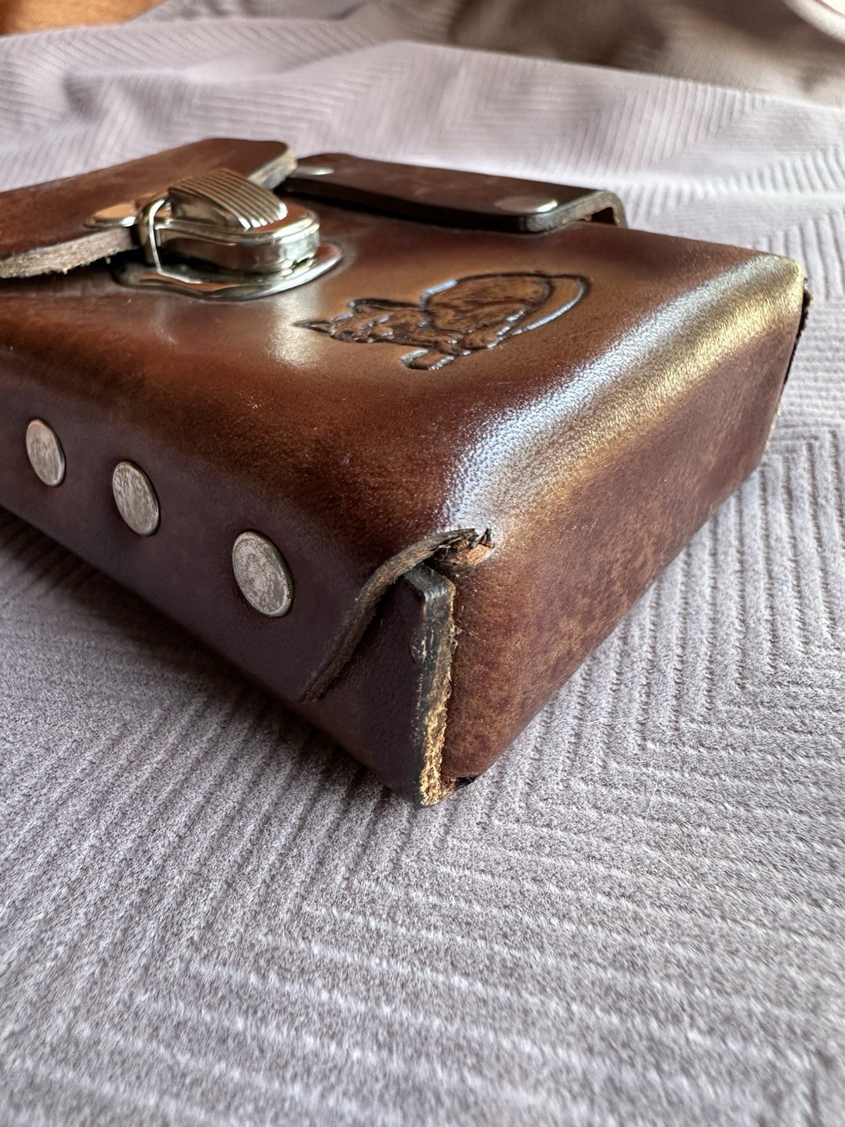 Brown Leather Pouch w/ Belt Loop, Snap Flap Closure, Embossed Cat