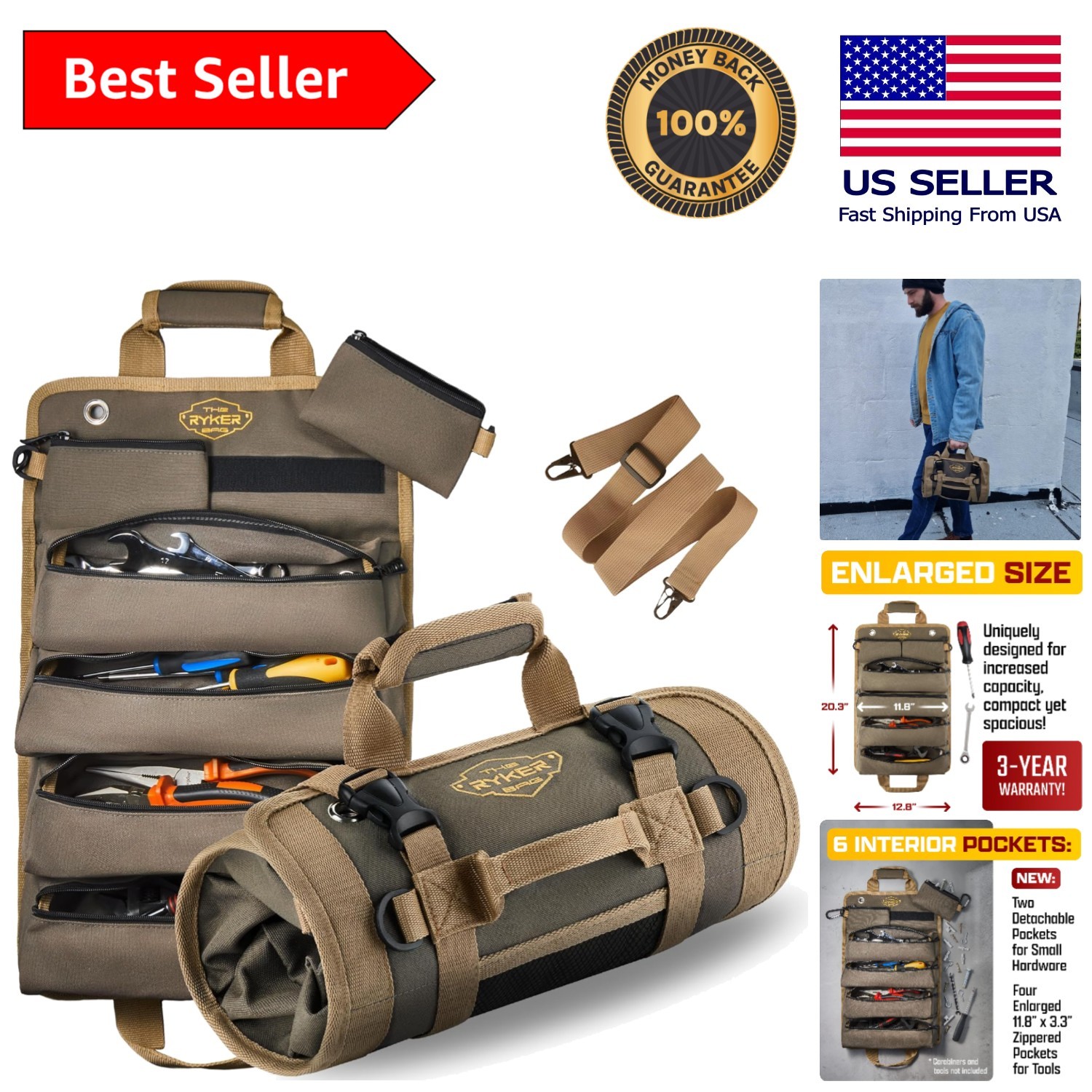 Stylish Khaki Tool Roll-Up Organizer with Heavy Duty Features for Professionals