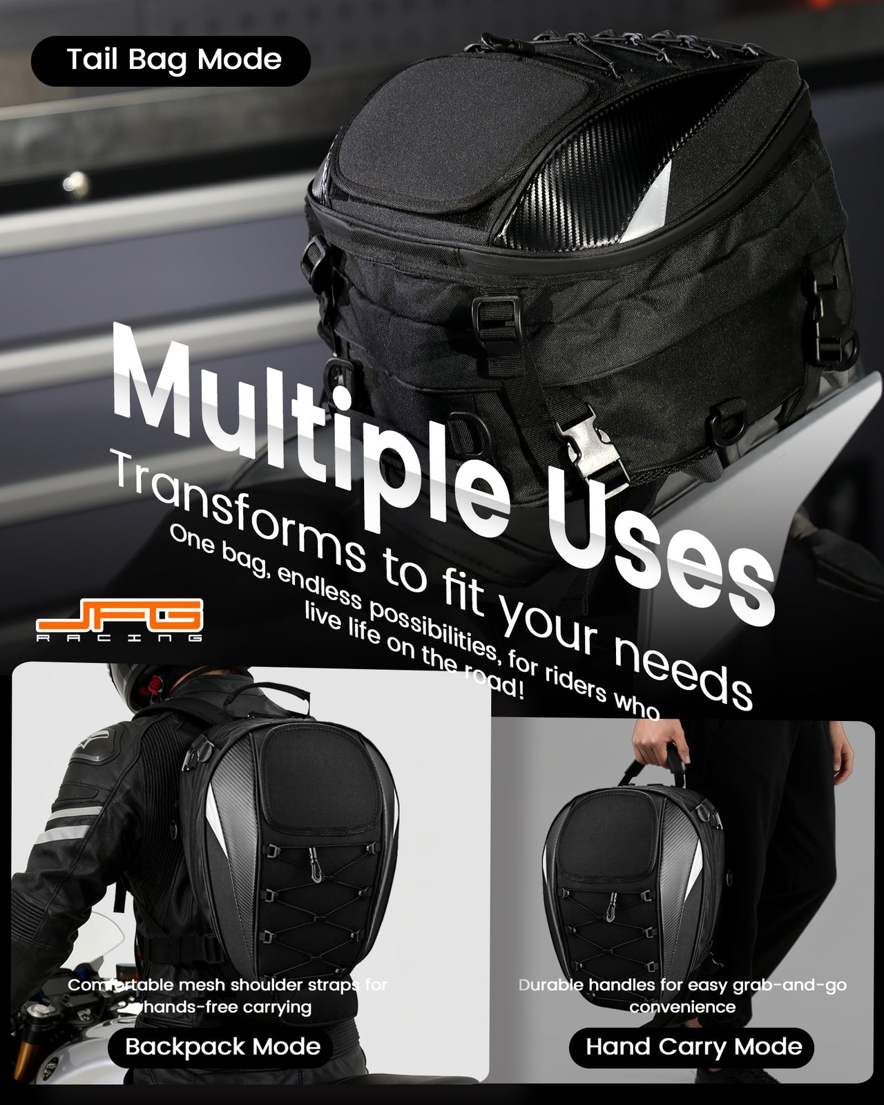 Motorcycle Seat/ Tail Bag – Dual Use Backpack Waterproof Motorbike Helmet Storag