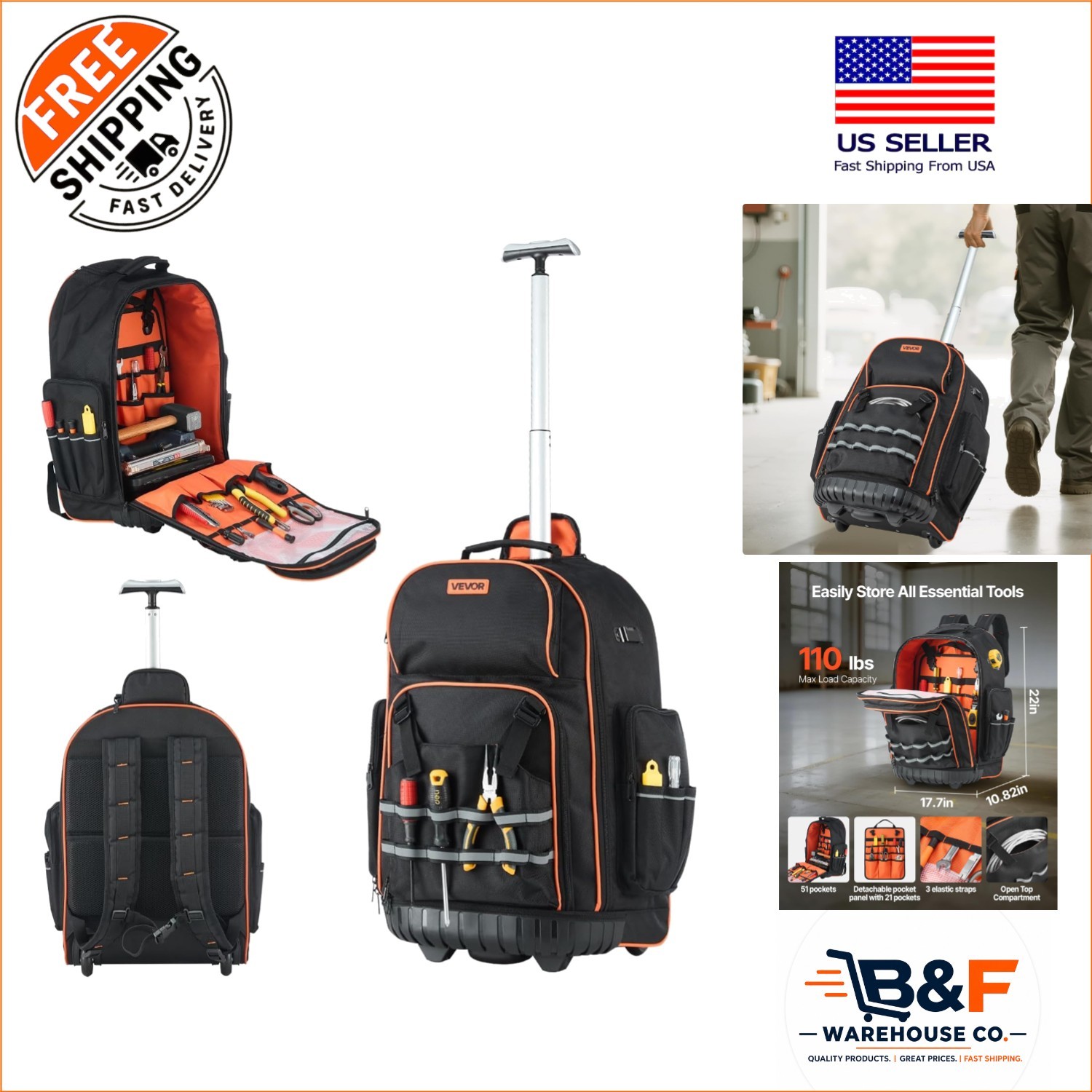 Professional Heavy Duty Tool Backpack with Wheels – 110 lbs Capacity, 72 Pockets