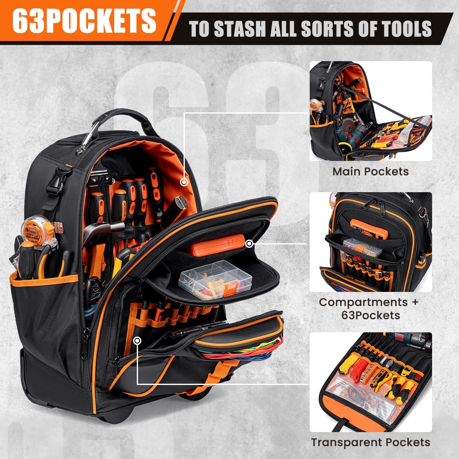 2-In-1 Rolling Tool Backpack Heavy Duty, Rolling Tool Bag with Wheels, 63-Poc…
