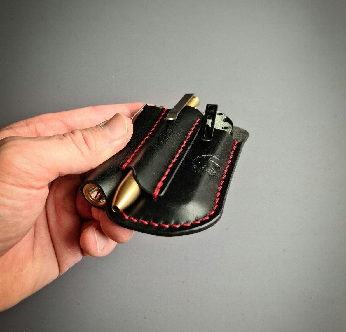 Handmade Leather Edc Pocket Organizer, Flashlight, Pen and Knife Leather Sheath
