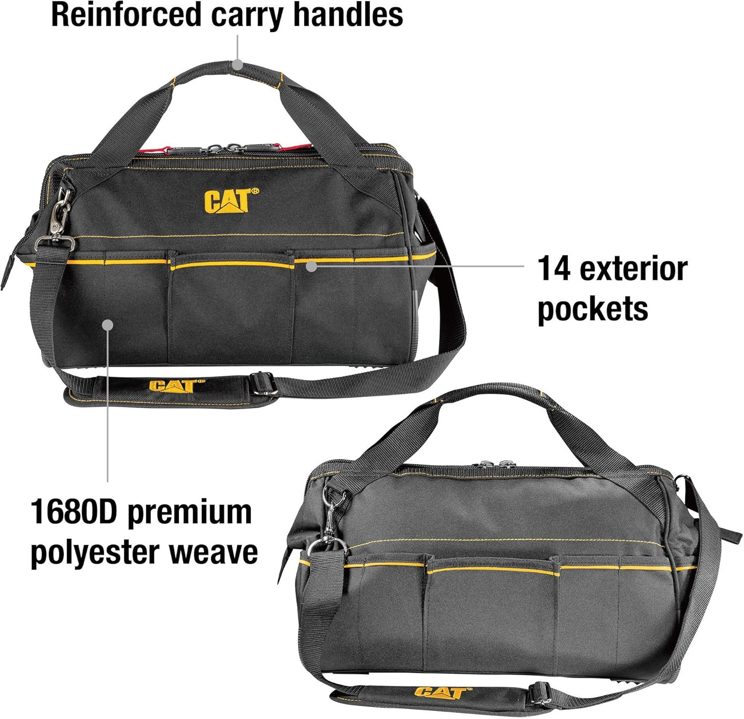 CAT 16-Inch Pro Wide Mouth Tool Bag, 14 Pockets for Tool Storage and Organizatio