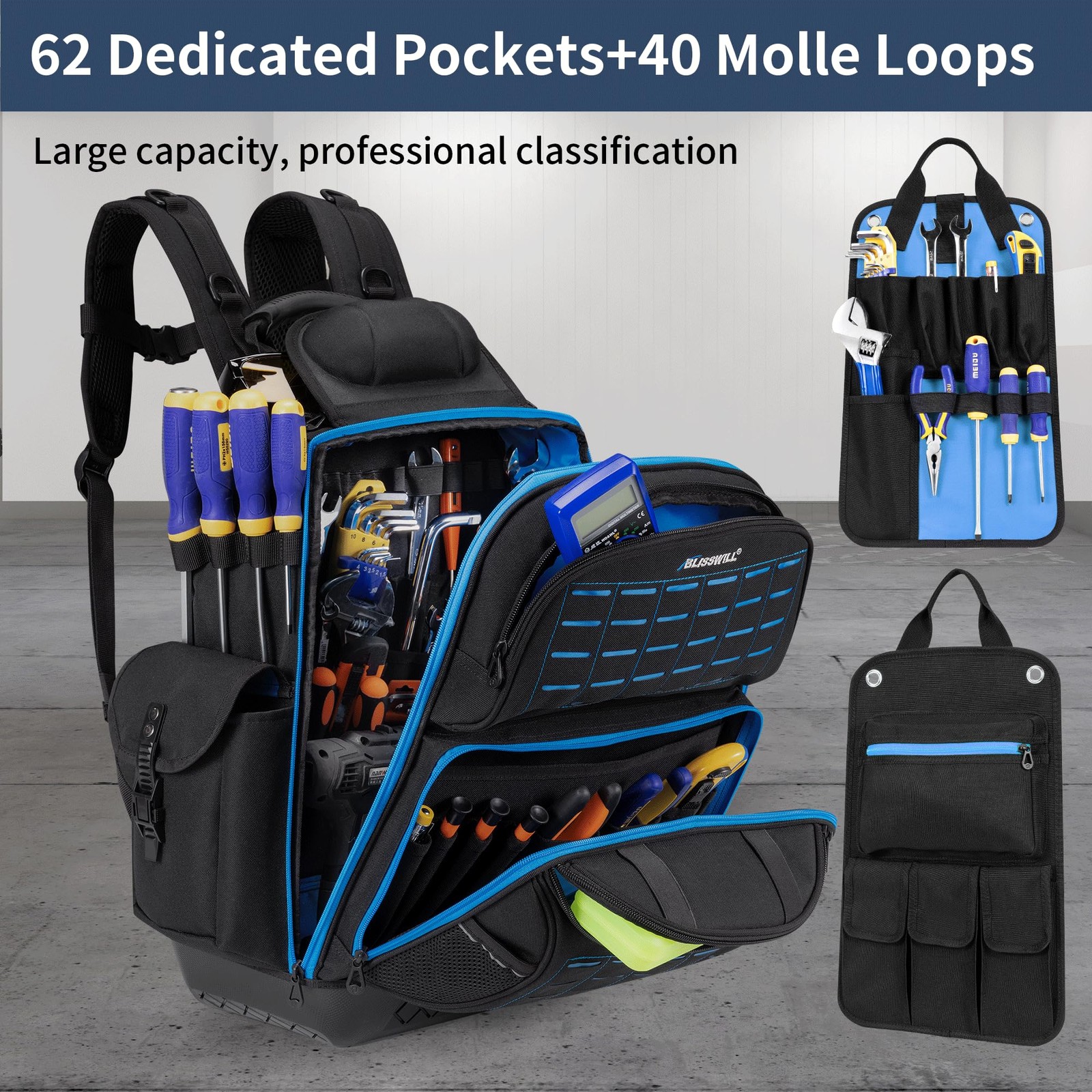 BLISSWILL Tool Bag Backpack for men,Heavy Duty 14″ L x 8″ W x 19.5″ H, Black
