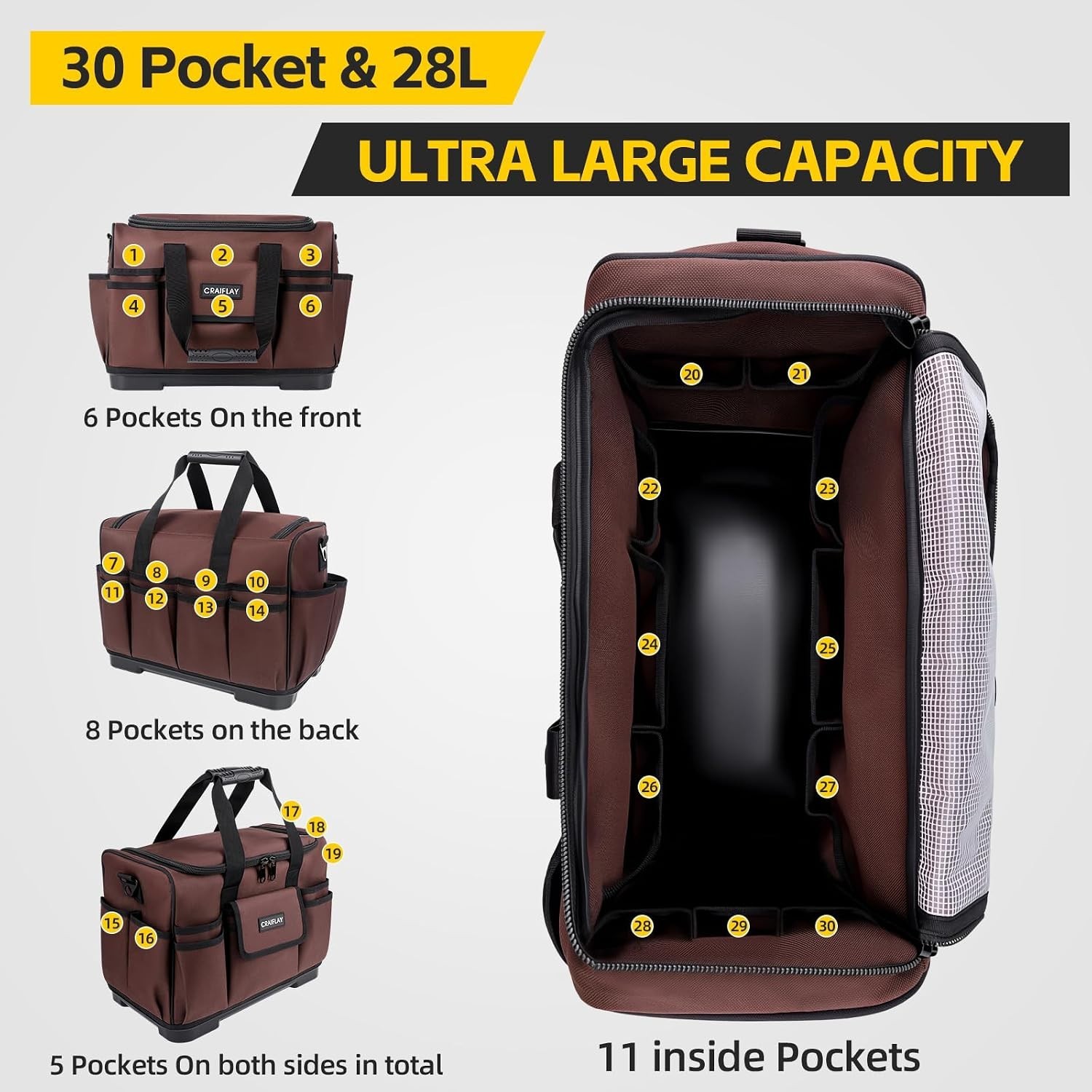 Heavy Duty 16-Inch 29 Pocket Waterproof Tool Bag for Electricians & Contractors