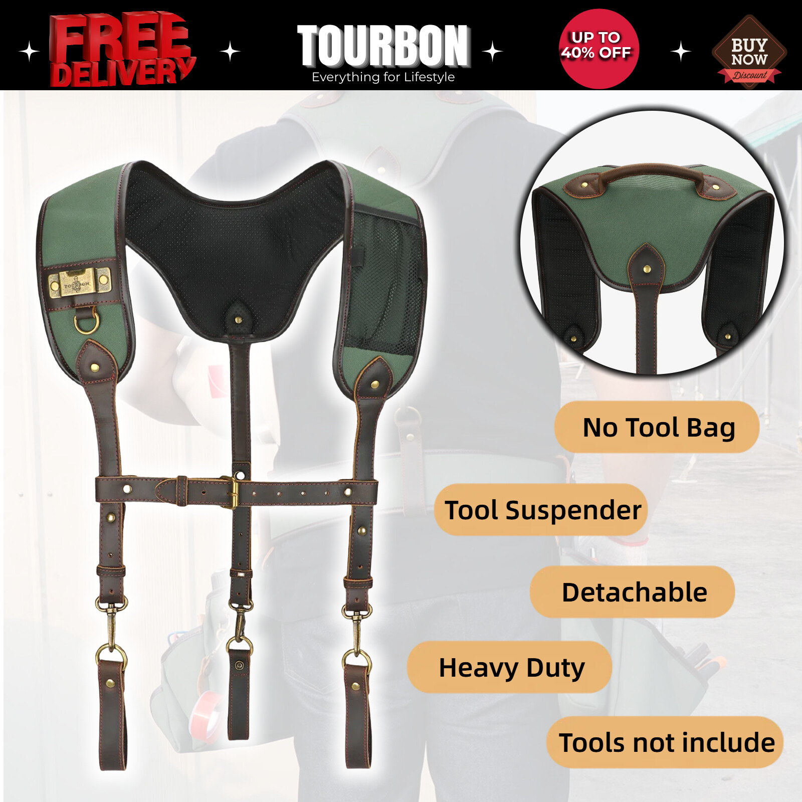 TOURBON Heavy Duty Tools Harness Suspenders Carpenter Rig Belt Contractor Strap