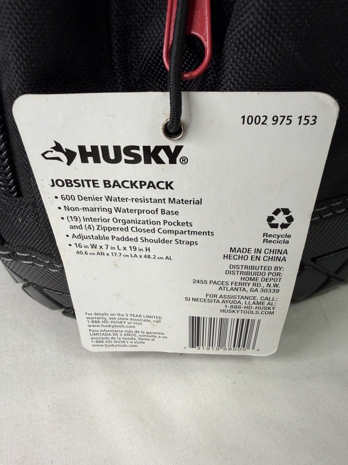 Husky Jobsite Backpack Tool Bag 16”x7”x19” With Tag 1002 975 153