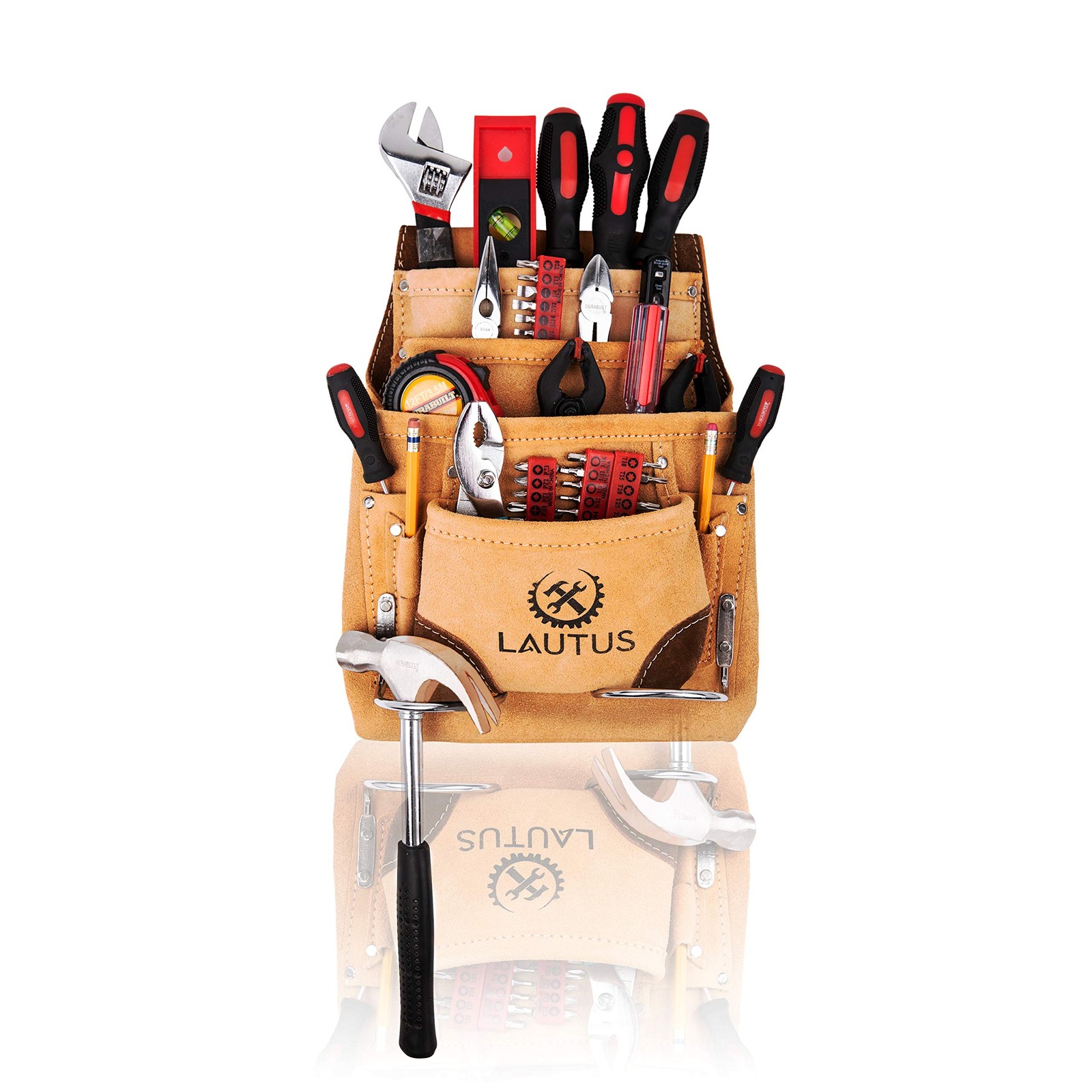 10 Pocket Leather Tool Pouch Bag 2 Hammer Holders Carpenter Construction Men
