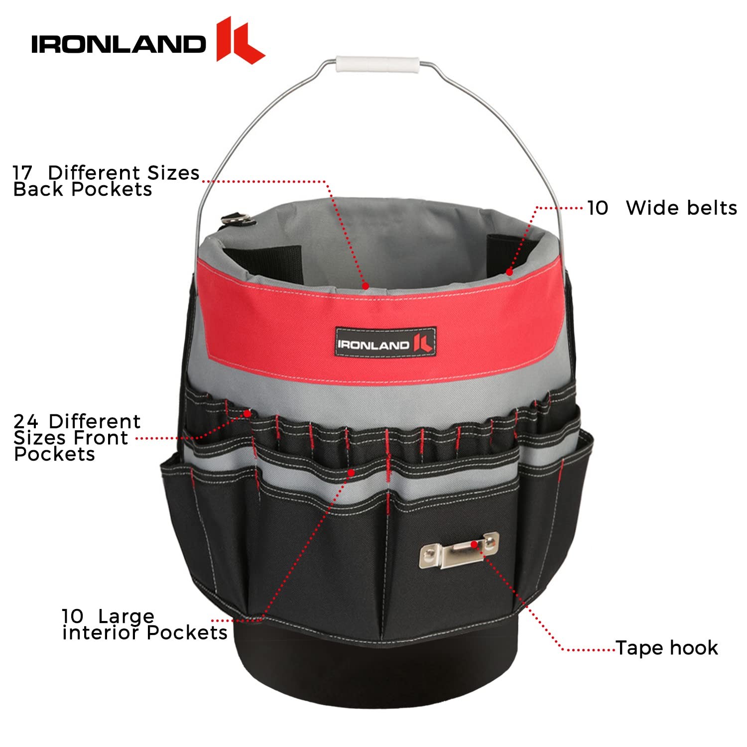 Bucket Tool Organizer 51 Pockets for 3.5-5 Gallon Buckets Red Black