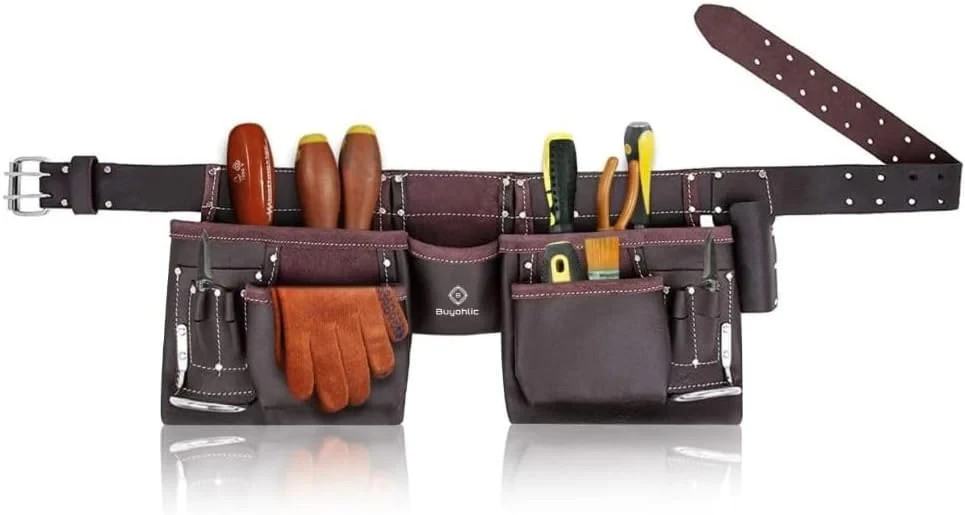 Leather Tool Belt Pouch Bag, 12-Pocket Extra Large Tool Belt, Fits 28″–40″ Waist