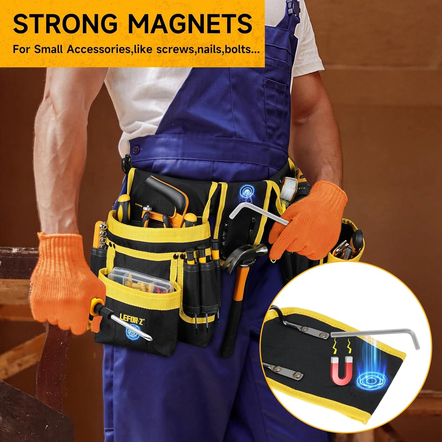 27-Pocket Magnetic Tool Belt Heavy Duty Adjustable Tool Pouch Bag Black/Yellow