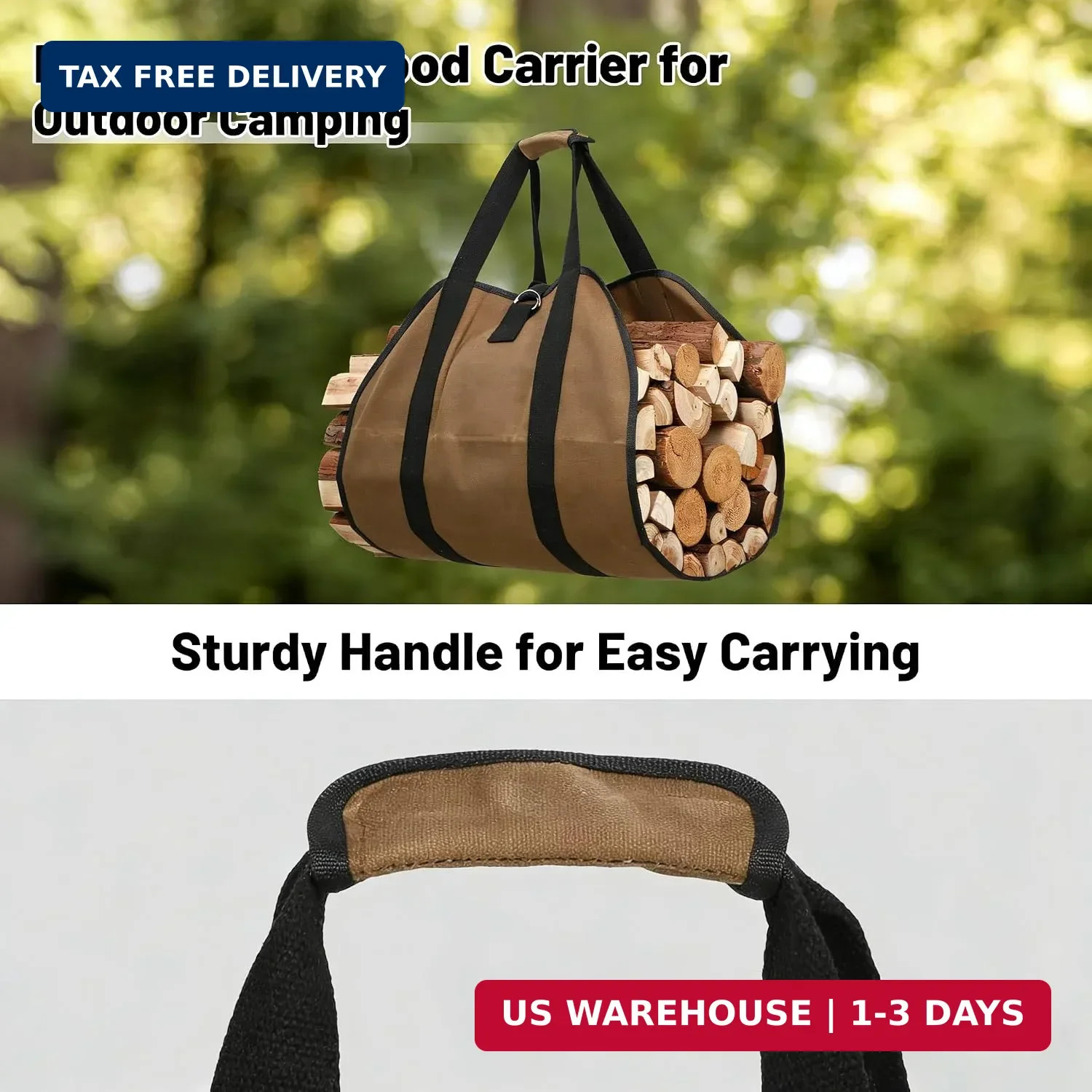 Heavy Duty Waxed Canvas Firewood Carrier Bag, Large Log Tote with Handles for Fi