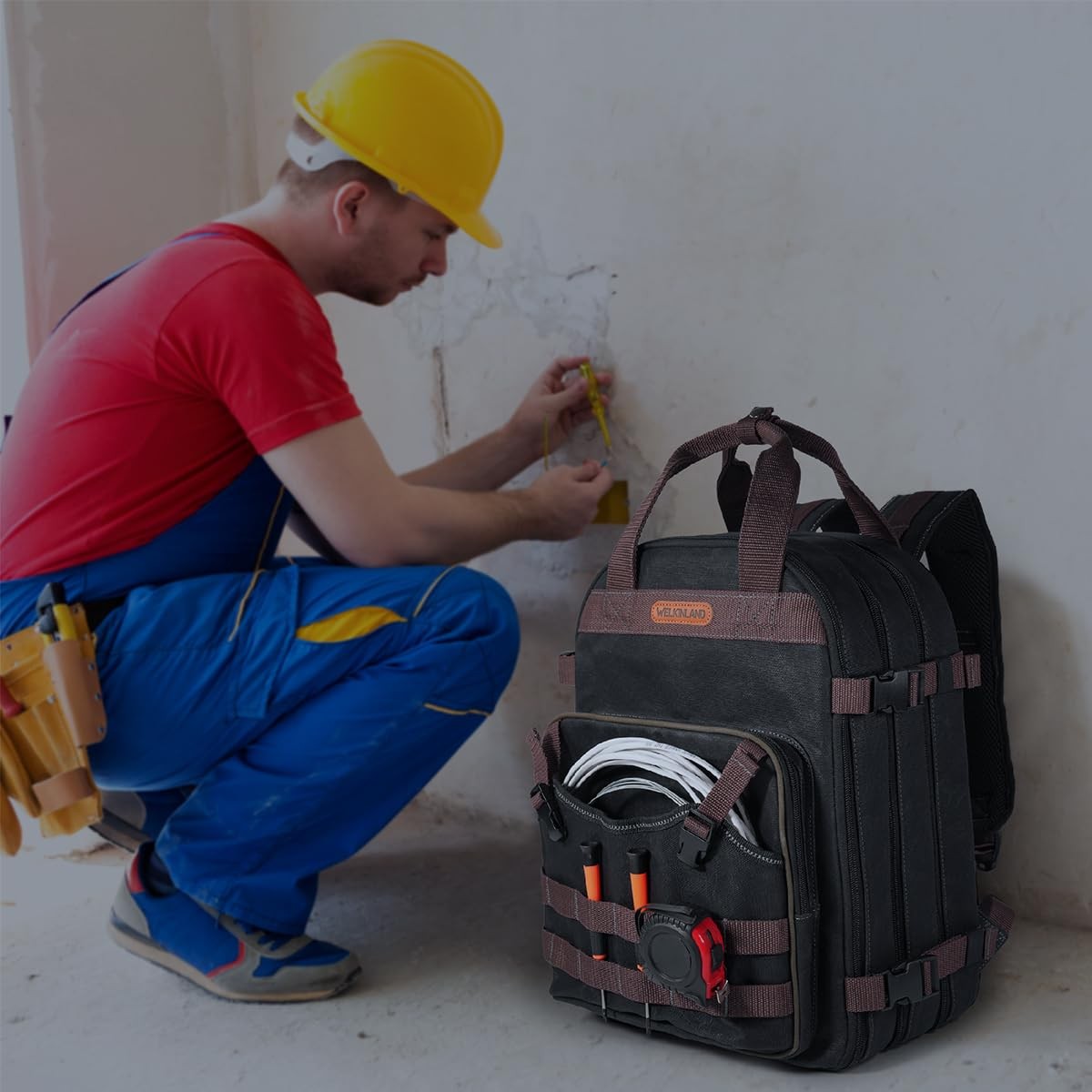 WELKINLAND 90-Pockets Electrician Backpack, Wax-Canvas Tool Backpacks Heavy D…