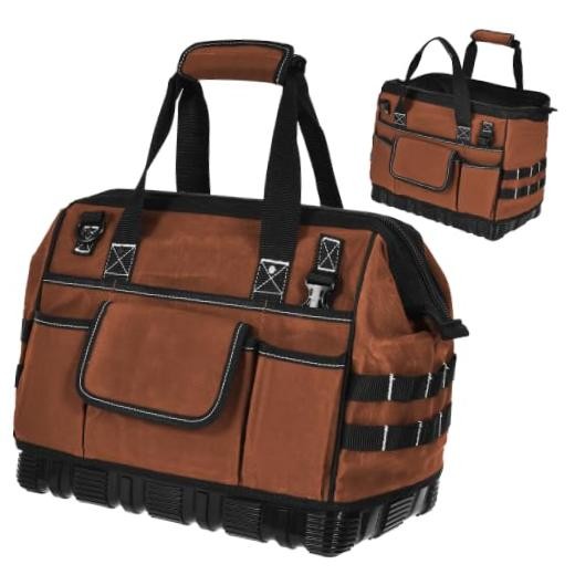 Heavy Duty Canvas Tool Bag, Wide Mouth Tool Tote Organizer with Standard Brown