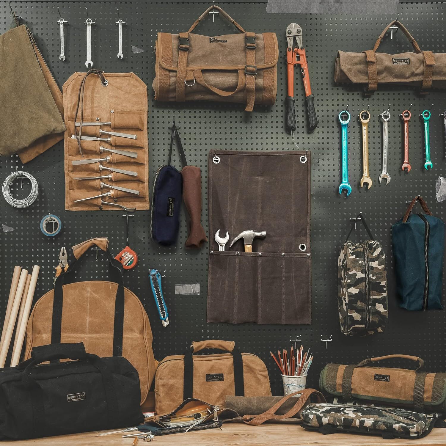Wrench Roll Up Pouch, Heavy Duty Waxed Canvas Tool Bag Tool Organizer Bag With 2