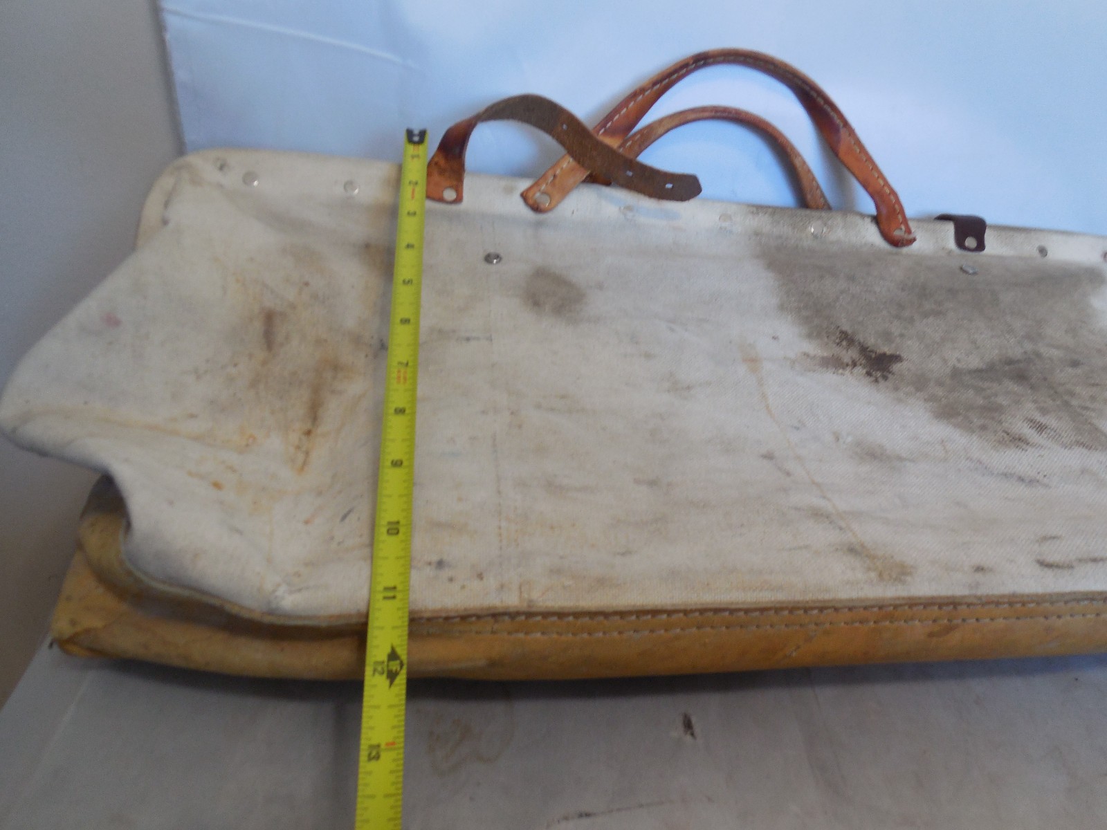 Vintage Canvas – Leather Wide Mouth Tool Bag Mason Carpenters bag 24″ X 12″ X 8″