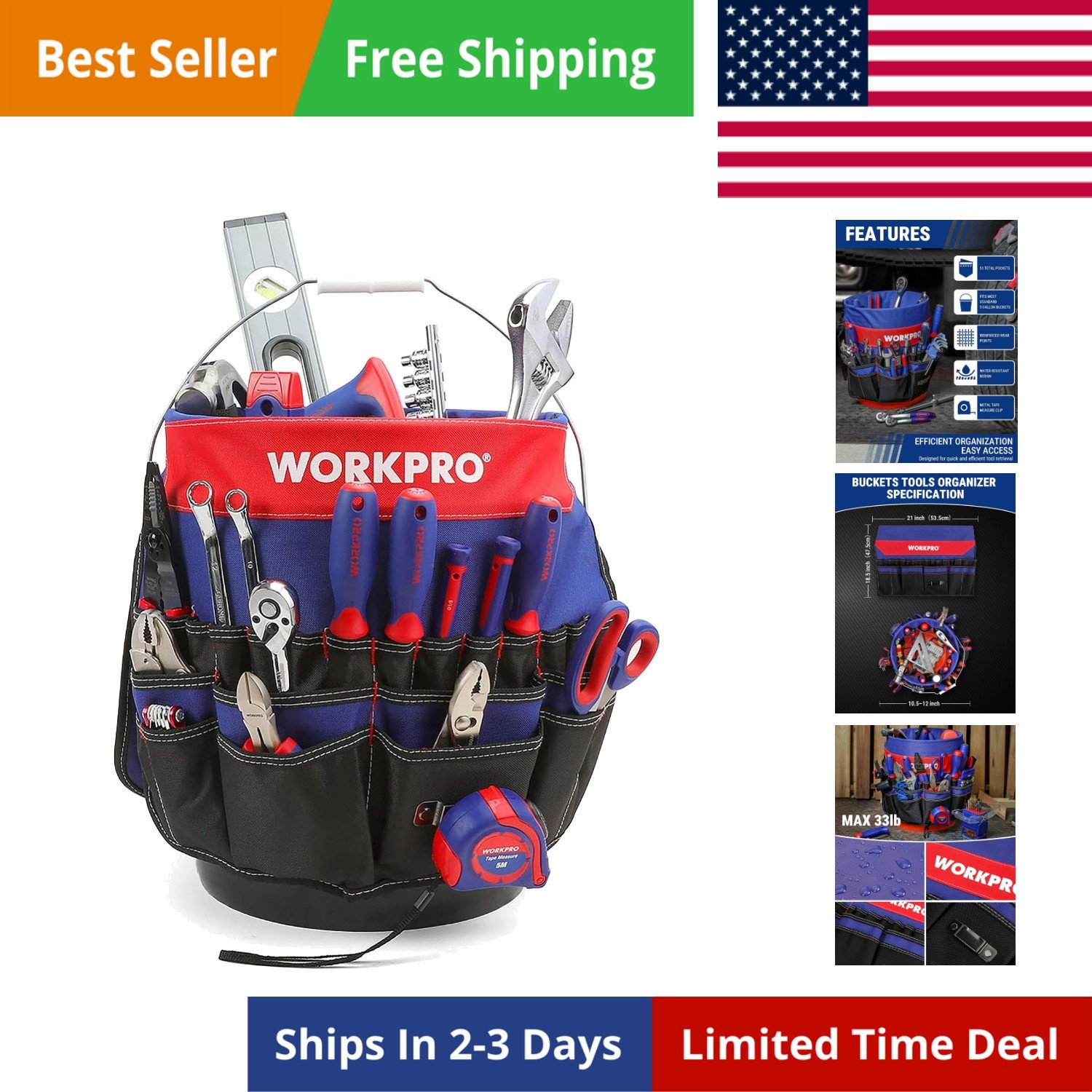 Bucket Tool Organizer with 51 Pockets Fits to 3.5-5 Gallon Bucket Tools Excluded