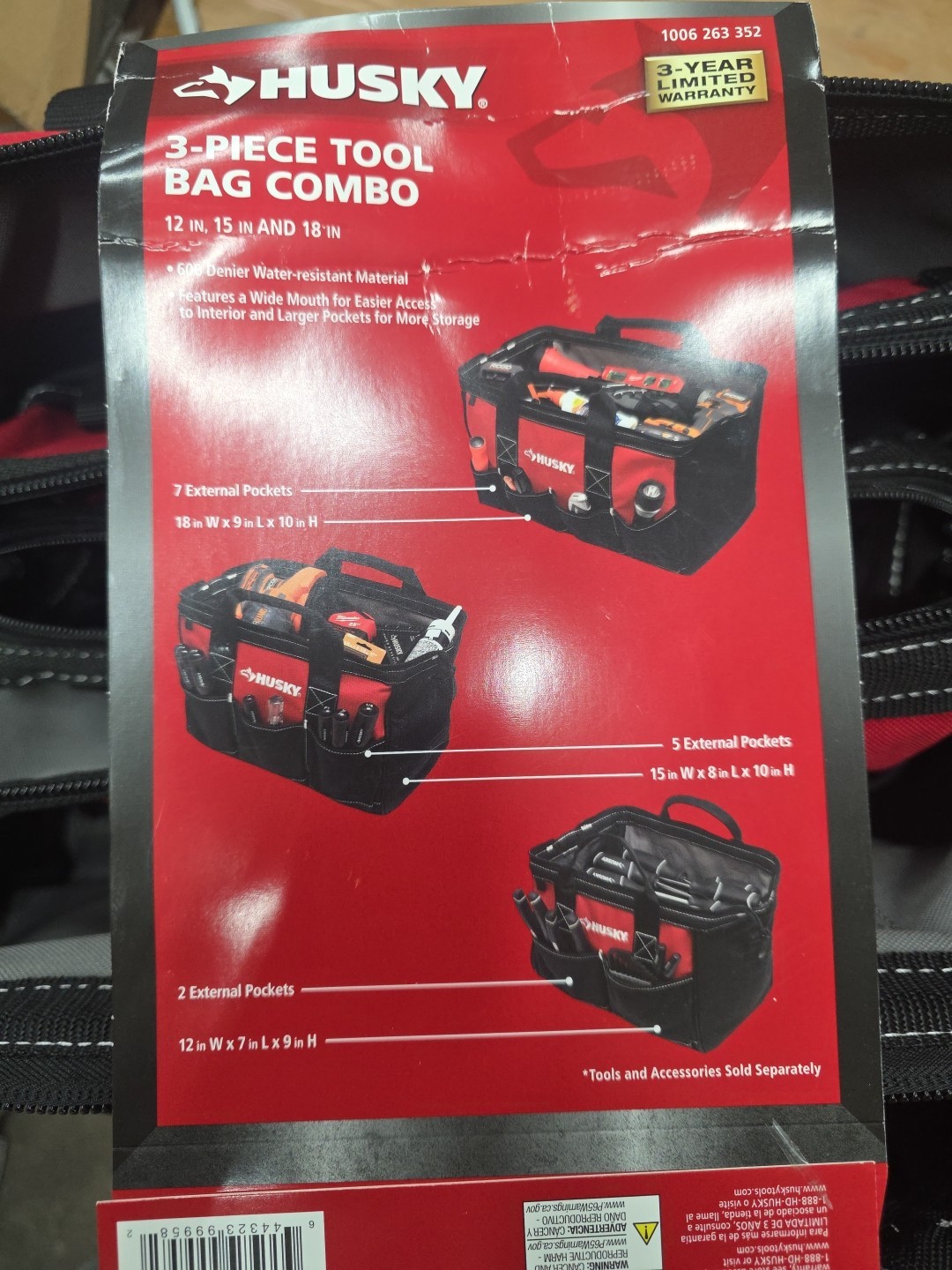 Husky 3 Tool Bag Combo Set -12 Inch 15 Inch & 18 Inch Bags Water Resistant NEW