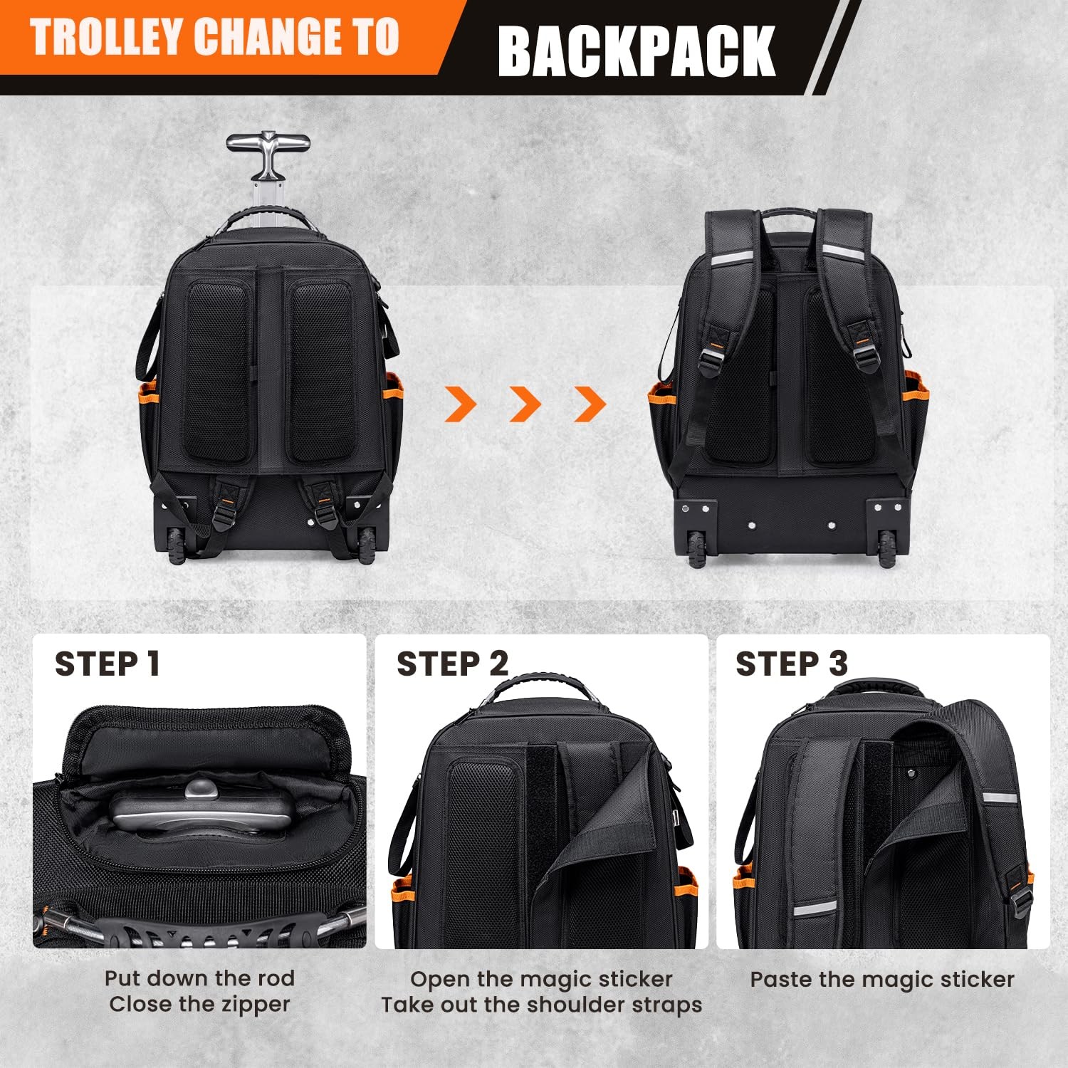 2-In-1 Rolling Tool Backpack Heavy Duty, Rolling Tool Bag with Wheels, 63-Poc…